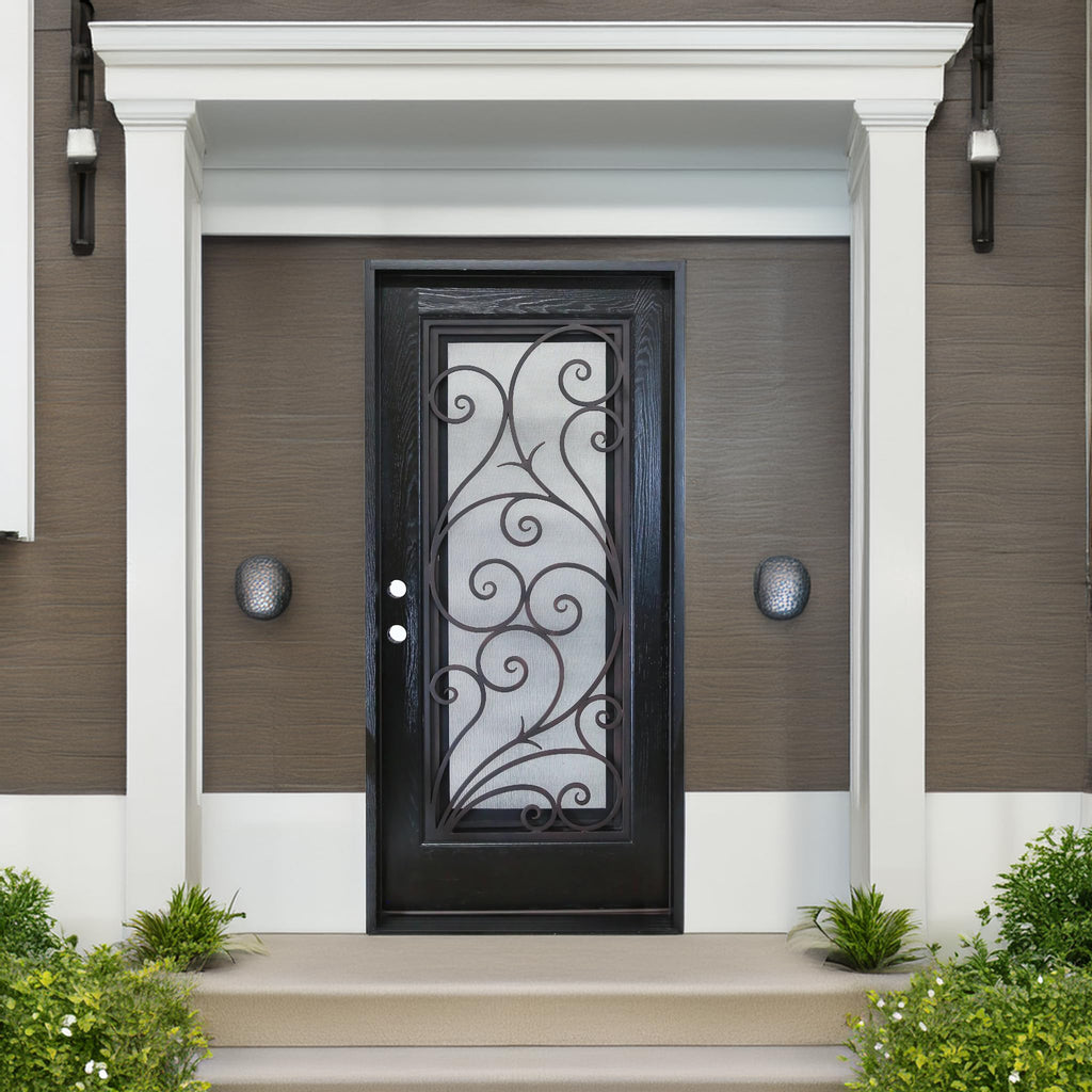 Porte d'entrée extérieure composite en polyuréthane résistante aux dommages environnementaux 36" x 80", fenêtre en verre trempé ouvrable, battant unique à droite s'ouvrant vers l'intérieur, espresso FR08