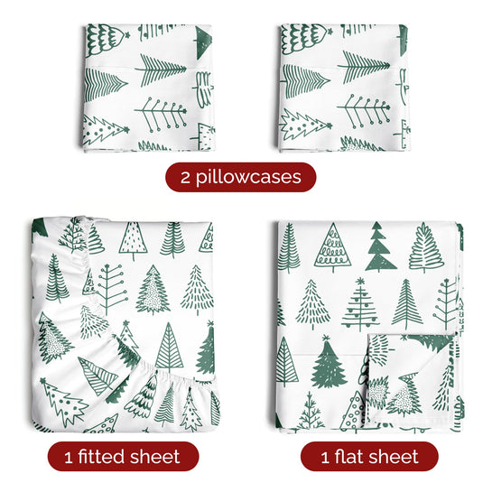 King Christmas Tree Sheet Set - Holiday Xmas Pattern Linen Set - Deep Pockets - Snug Fit - 4 Piece - Wrinkle Free - Comfy & Cooling Festive Winter Bedding - Easy To Care For - Kid Friendly