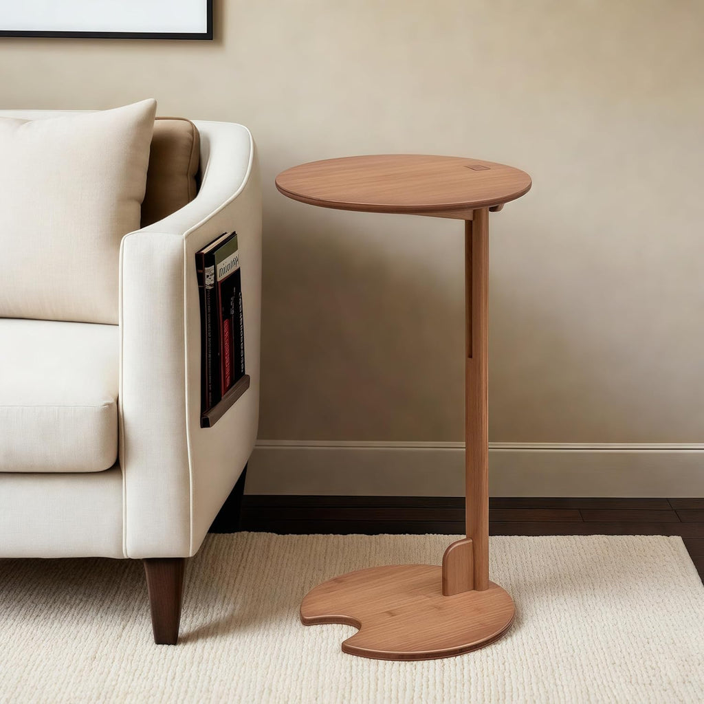 Side Table with Pedestal - Adjustable Height C Shaped End Tables for Small Spaces, Couch, Bedside, Living Room, 14x14x26 Inch TV Tray Round Stand for Drink, Snack, Coffee - Brown