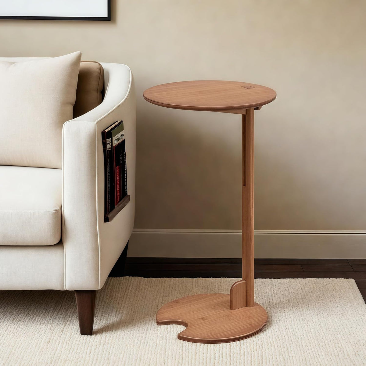 Side Table with Pedestal - Adjustable Height C Shaped End Tables for Small Spaces, Couch, Bedside, Living Room, 14x14x26 Inch TV Tray Round Stand for Drink, Snack, Coffee - Brown