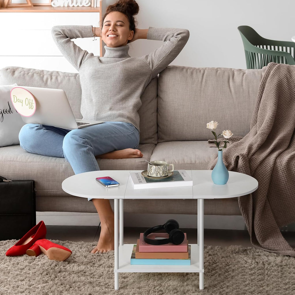 Small Oval Coffee Tables Modern Low Coffee Table for Small Space Mid Century Center Side Table with Open Shelving for Storage, Display, and Furniture Living Room & Home Office