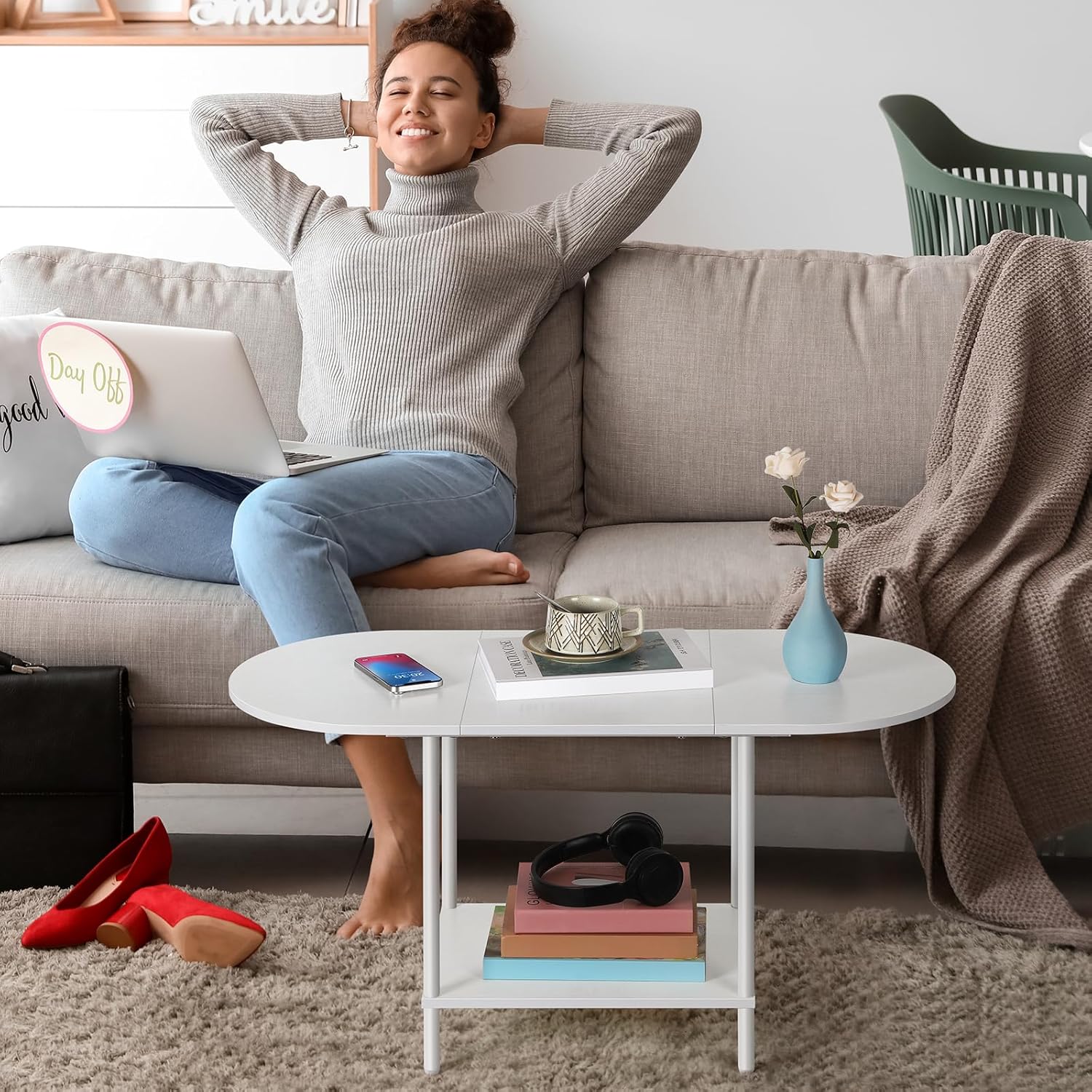 Small Oval Coffee Tables Modern Low Coffee Table for Small Space Mid Century Center Side Table with Open Shelving for Storage, Display, and Furniture Living Room & Home Office