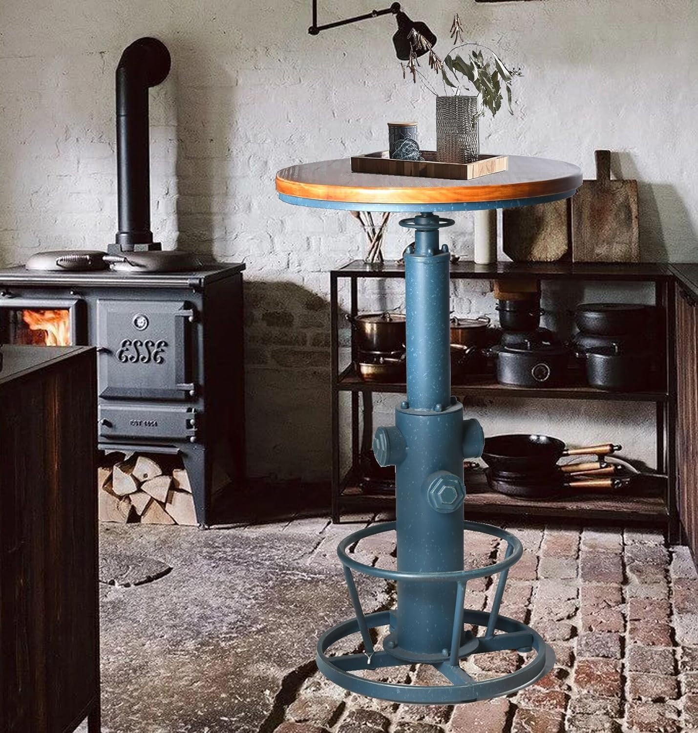 LOKKHAN Industrial Bar Table 38.6"-48.4" Height Adjustable Swivel Round Wood Tabletop 23.7" Dia, Kitchen Dining Office Coffee Bistro Pub Table