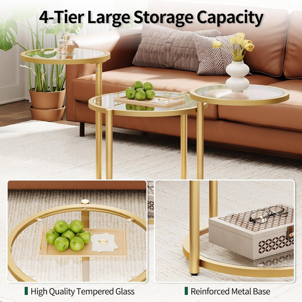 Round Glass Coffee Table - 4 Tier Coffee Tables for Living Room with Rotating Top, Circle Coffee Table with Storage, Modern Clear Center Table with Metal Frame for Small Space, Office, Gold