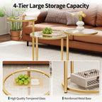 Round Glass Coffee Table - 4 Tier Coffee Tables for Living Room with Rotating Top, Circle Coffee Table with Storage, Modern Clear Center Table with Metal Frame for Small Space, Office, Gold