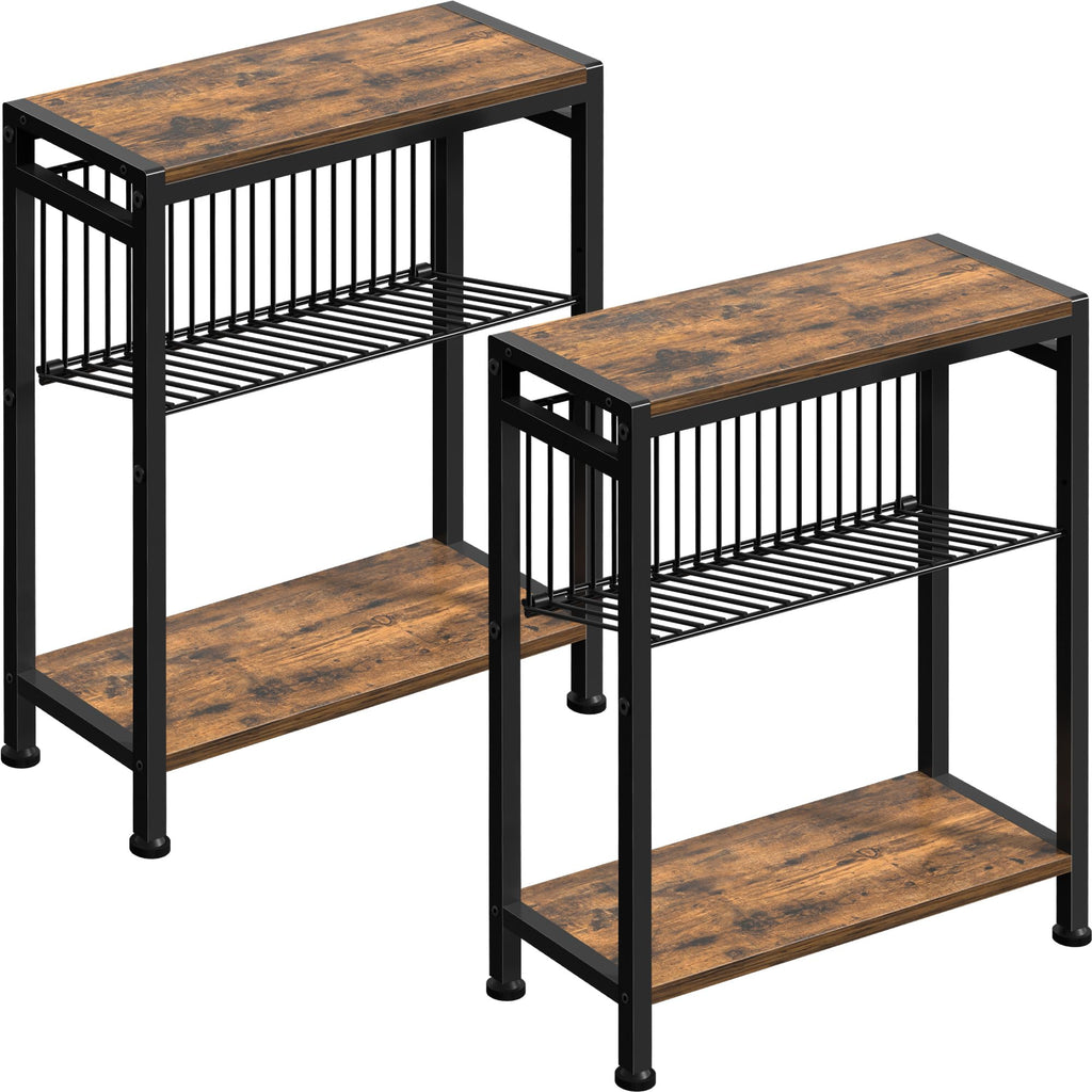 Small Side Table for Small Space, 3-Tier Narrow End Table with Magazine Holder,Slim Nightstand, Skinny Snack Couch Table in Living Room, Bedroom Study and Balcony (Rustic Brown &Black)