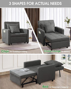 XSPRACER [Updated Convertible Chair Bed, Sleeper Sofa 3 in 1, Stepless Adjustable Backrest,Armchair, Sofa, Bed, Linen, Dark Gray, Single One
