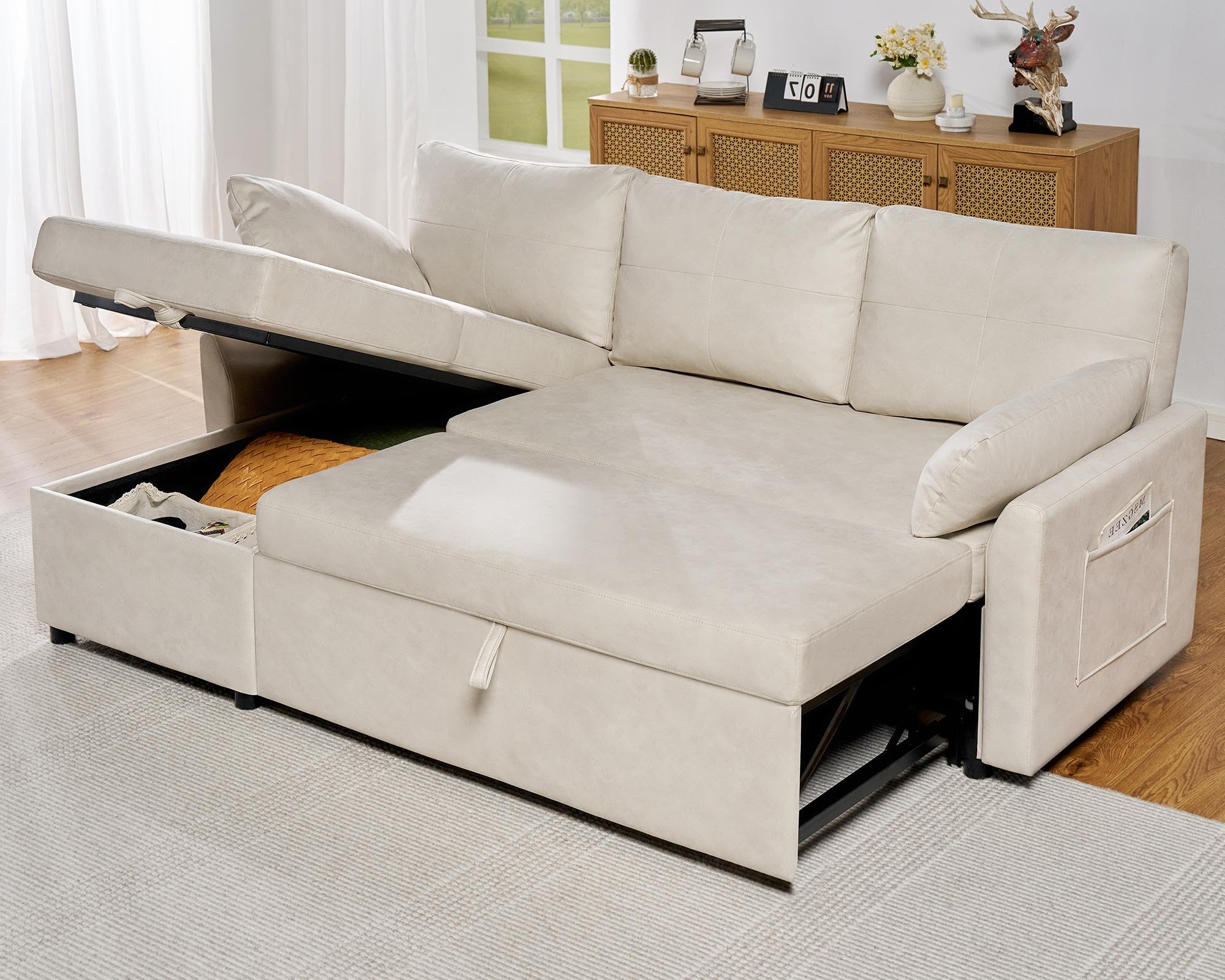 VanAcc Sleeper Sofa, Sofa Bed- 2 in 1 Pull Out Couch Bed with Storage Chaise for Living Room, White Sherpa Couch