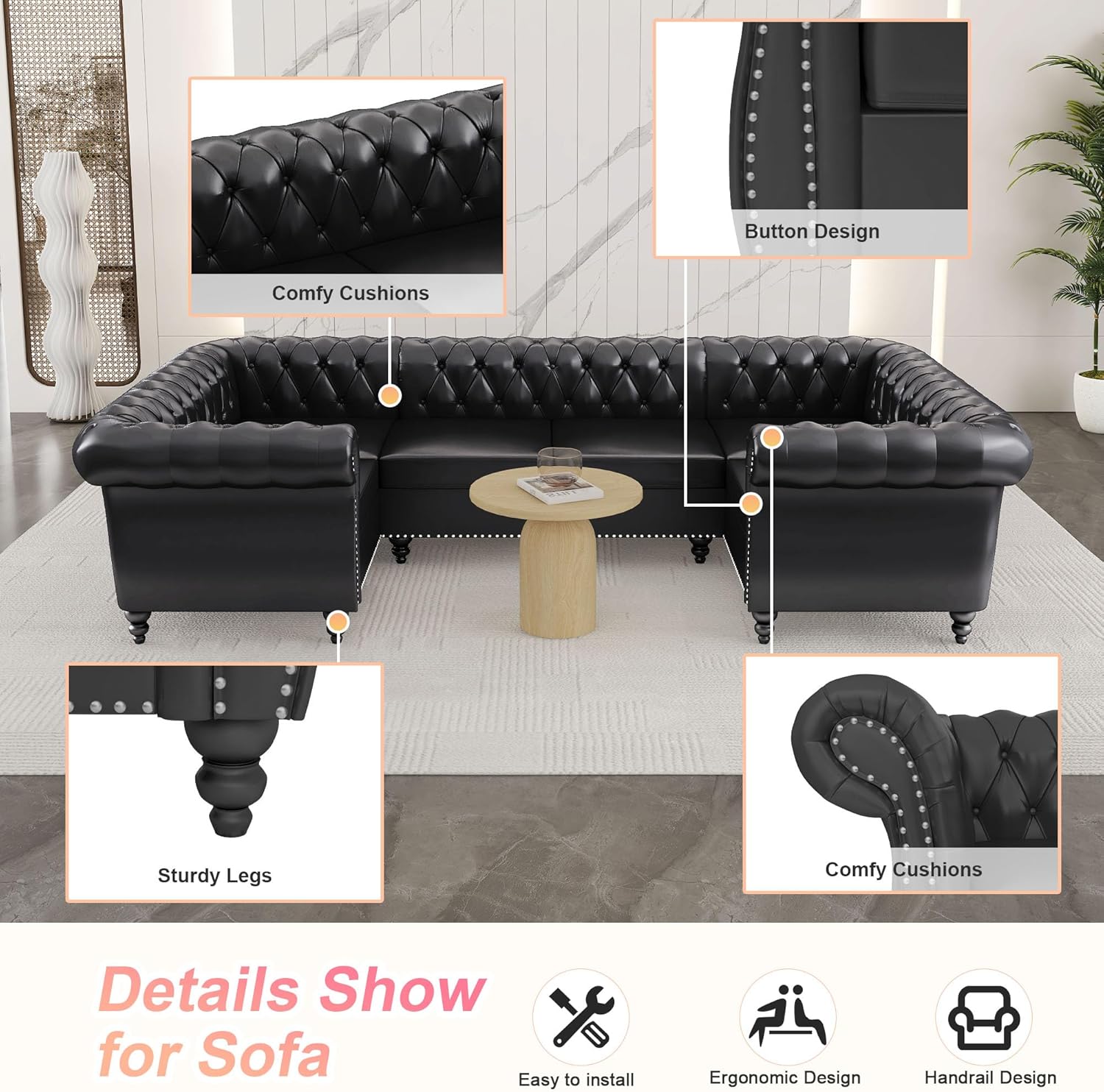 AVZEAR 3 Pieces Sectional U-Shaped Sofa, Leather Modular Sectional Couches Chesterfield Sofa Set, Modern Living Room Furniture Sets Upholstered Couch Set for Living Room, Office and Apartment, Black