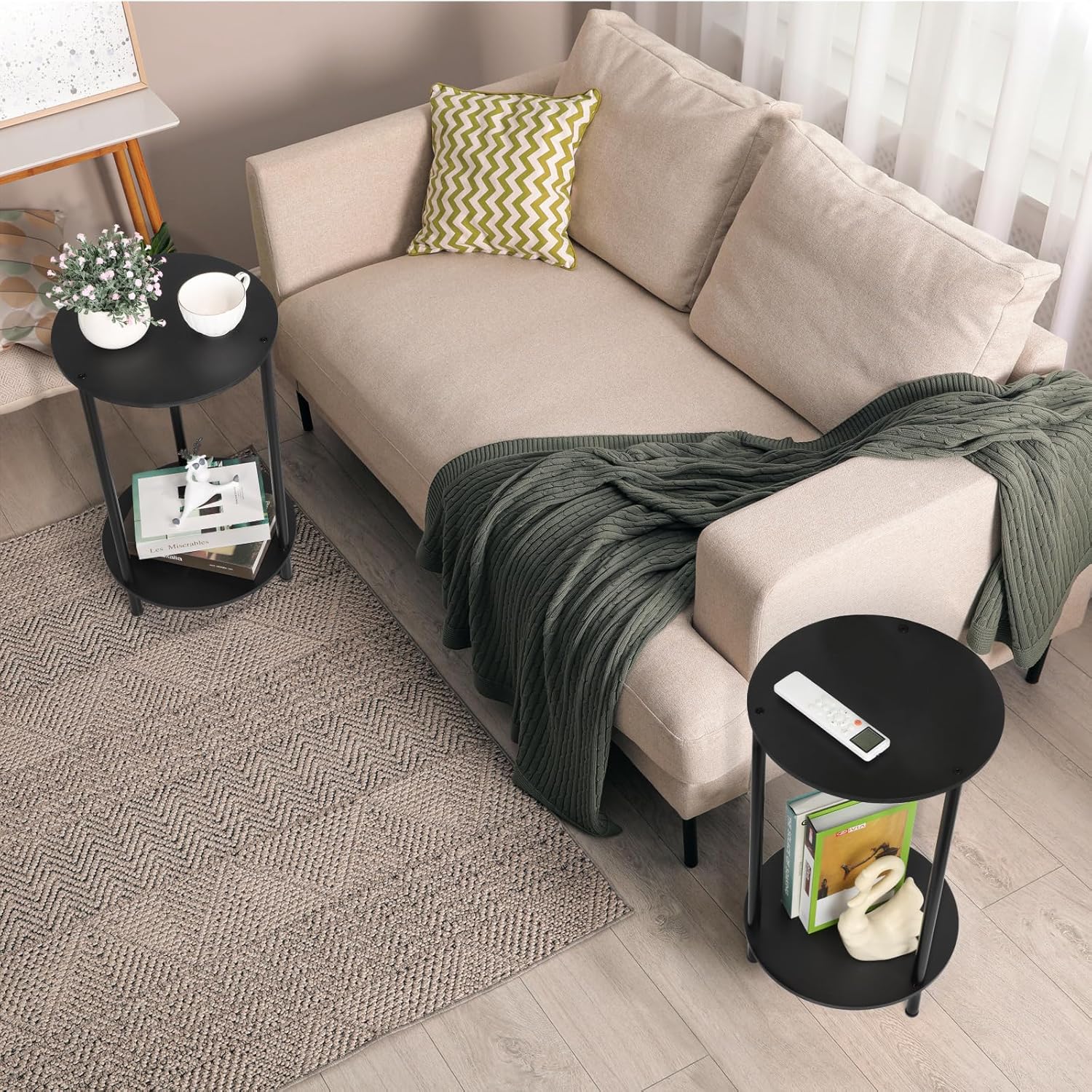 SEHERTIWY Small Round Side Table, 2 Tiers Farmhouse End Tables, Set of 2 Accent Tables for Small Spaces, Night Stands for Bedrooms Living Room, Coffee Tables with Storage Shelf, Black