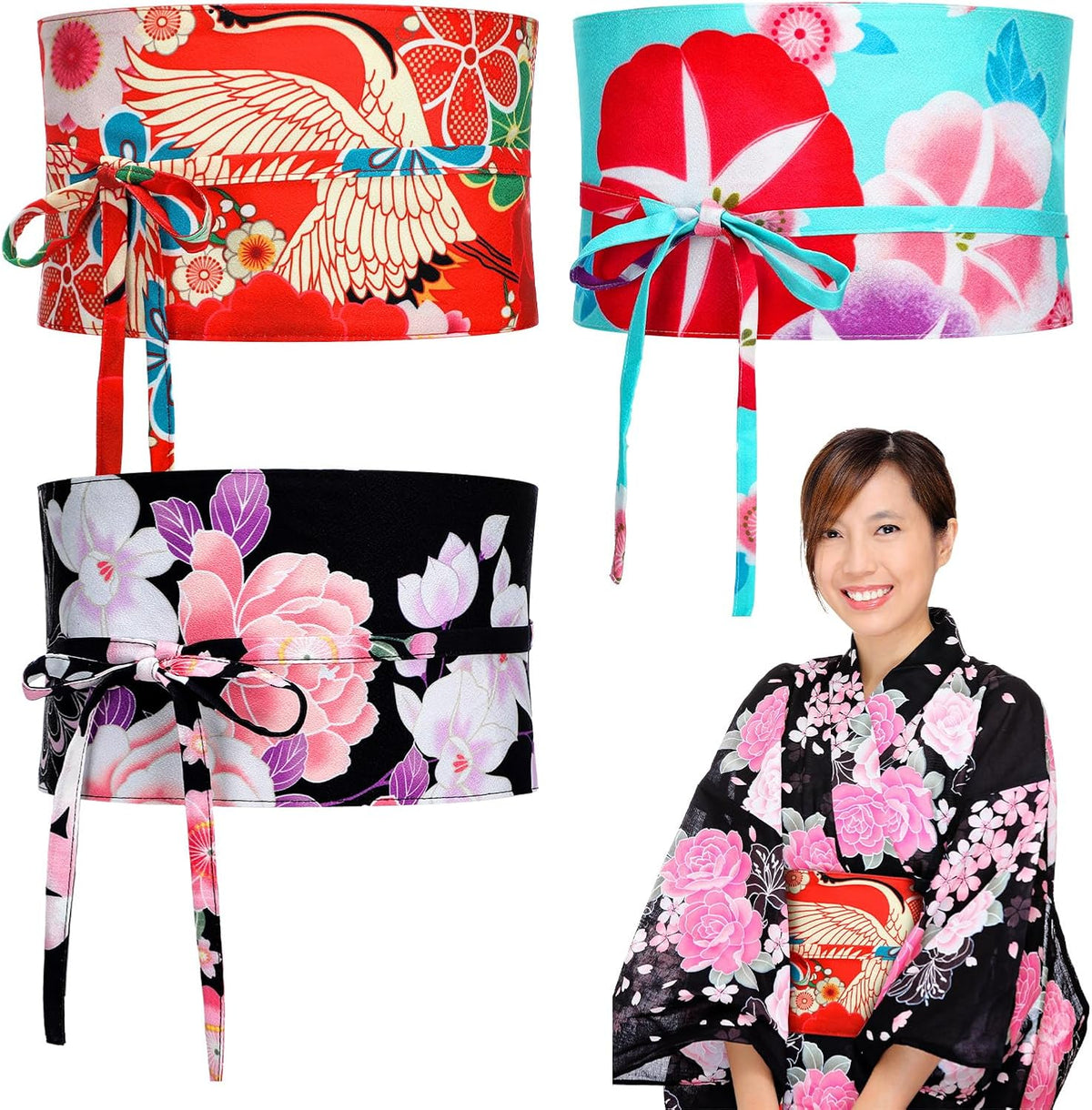 Handepo 3 Pcs Women's Japanese Kimono Robe Obi Belt Kimono Robe Wide Waistband for Japanese Style Robe Accessories