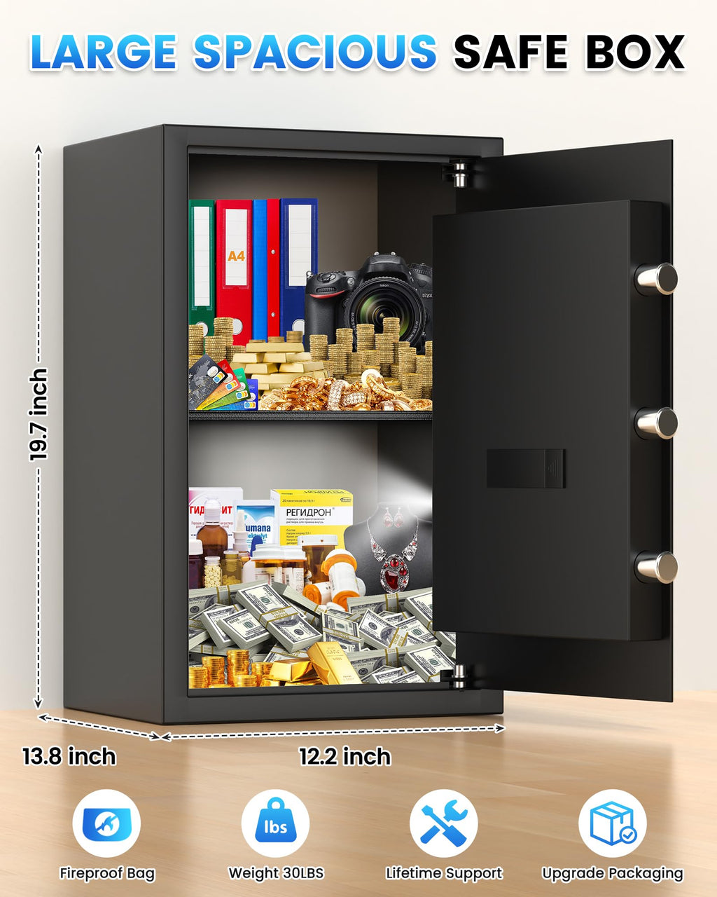 Cassaforte ignifuga da 3,0 Cuft per la casa, cassaforte ignifuga e impermeabile, cassaforte digitale per documenti con tastiera programmabile LCD, chiavi di riserva, avviso intelligente, grandi casseforti a combinazione per denaro, gioielli e contanti