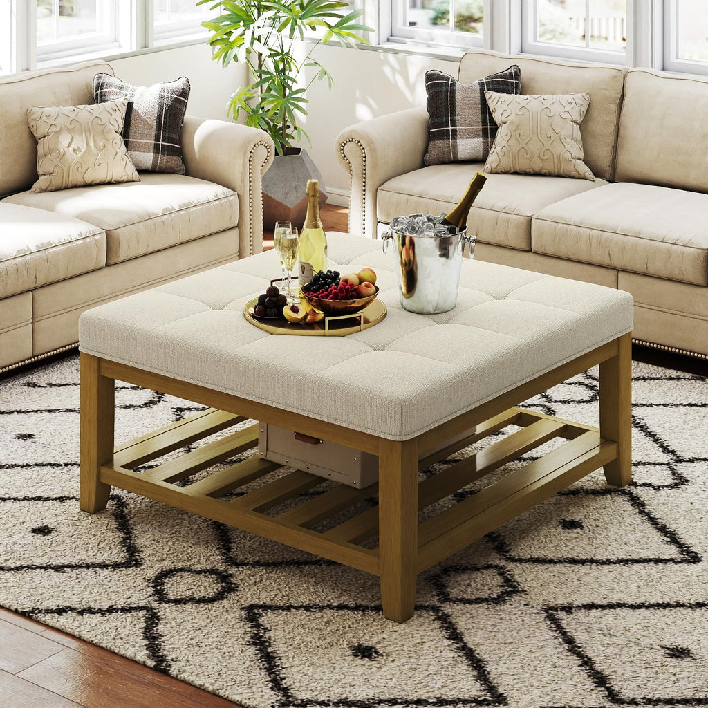 Large Square Ottoman Coffee Table, Linen Solid Upholstered Footrest Ottoman with Solid Wood Shelf Storage Tufted Coffee Table for Bedroom Living Room, Linen