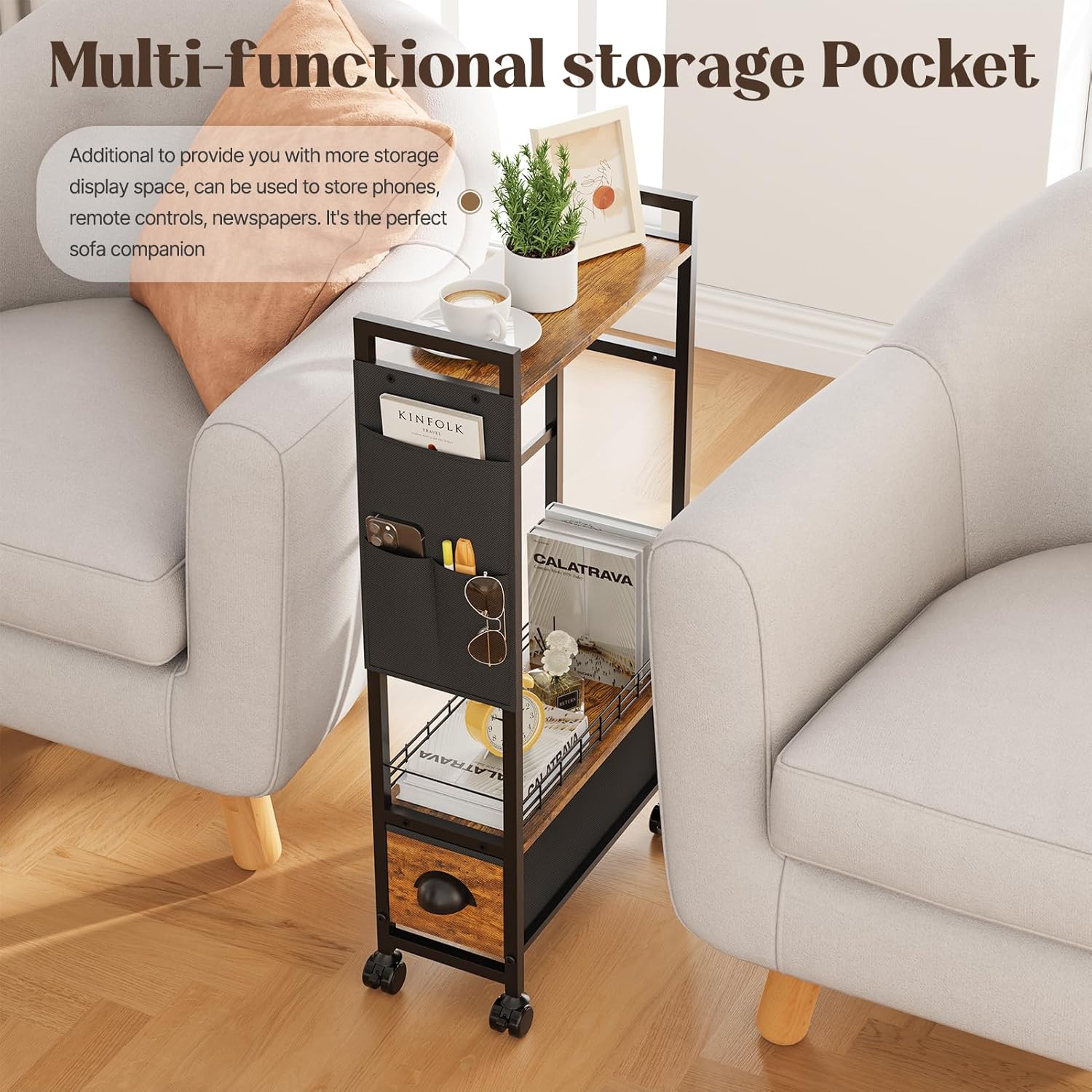 Narrow Side Tables with Drawer for Small Spaces, Small End Table Slim Nightstand with Wheels, Space Saving Skinny Thin Bedside Sofa Coffee Desk with Storage Bag for Bedroom Living Room Couch