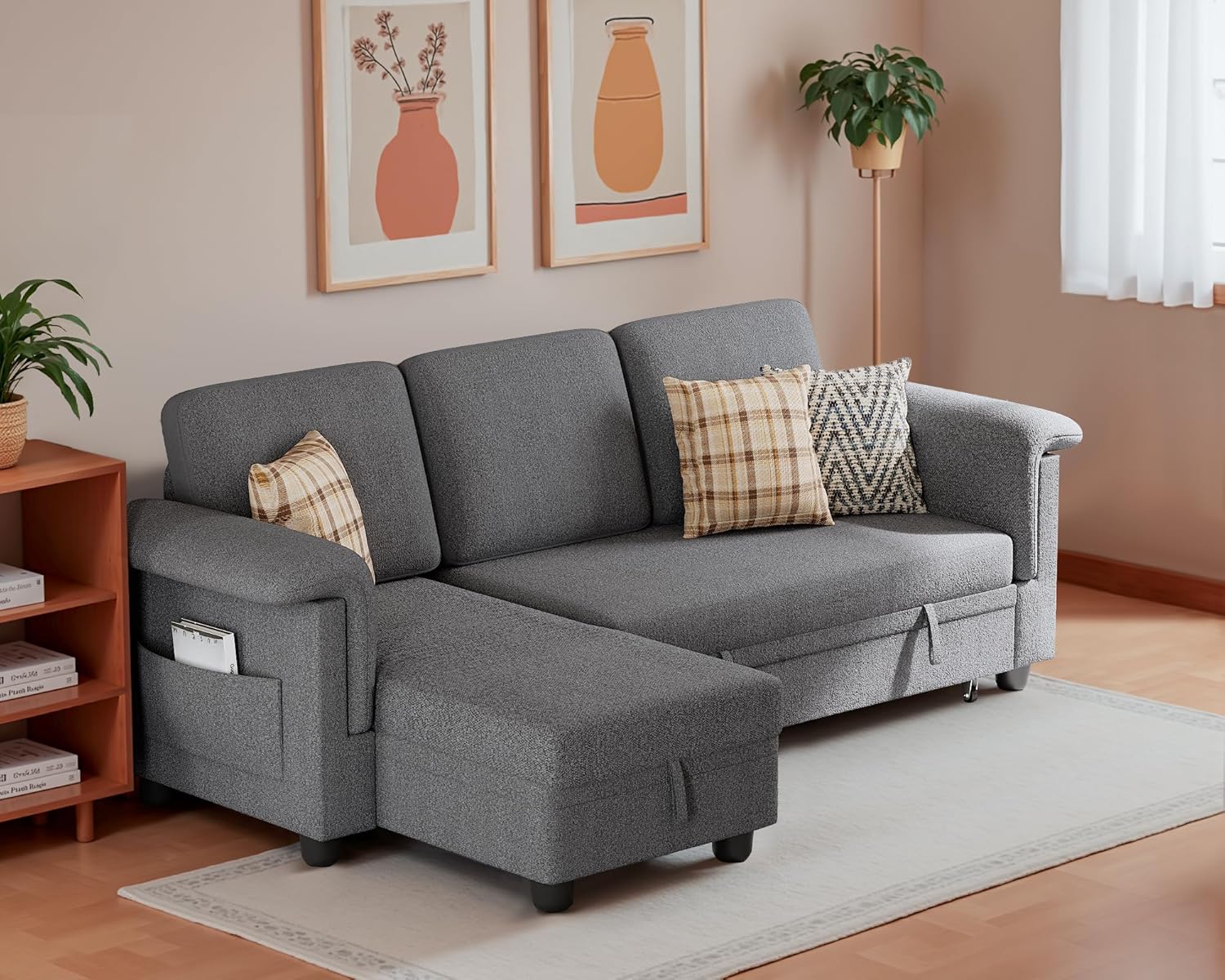 Homall Sleeper Sofa, Pull Out Sofa Couch Bed with Storage Reversible Chaise, L-Shaped Sofas with Side Pocket for Living Room, Small Space (Linen Fabric, Dark Grey)