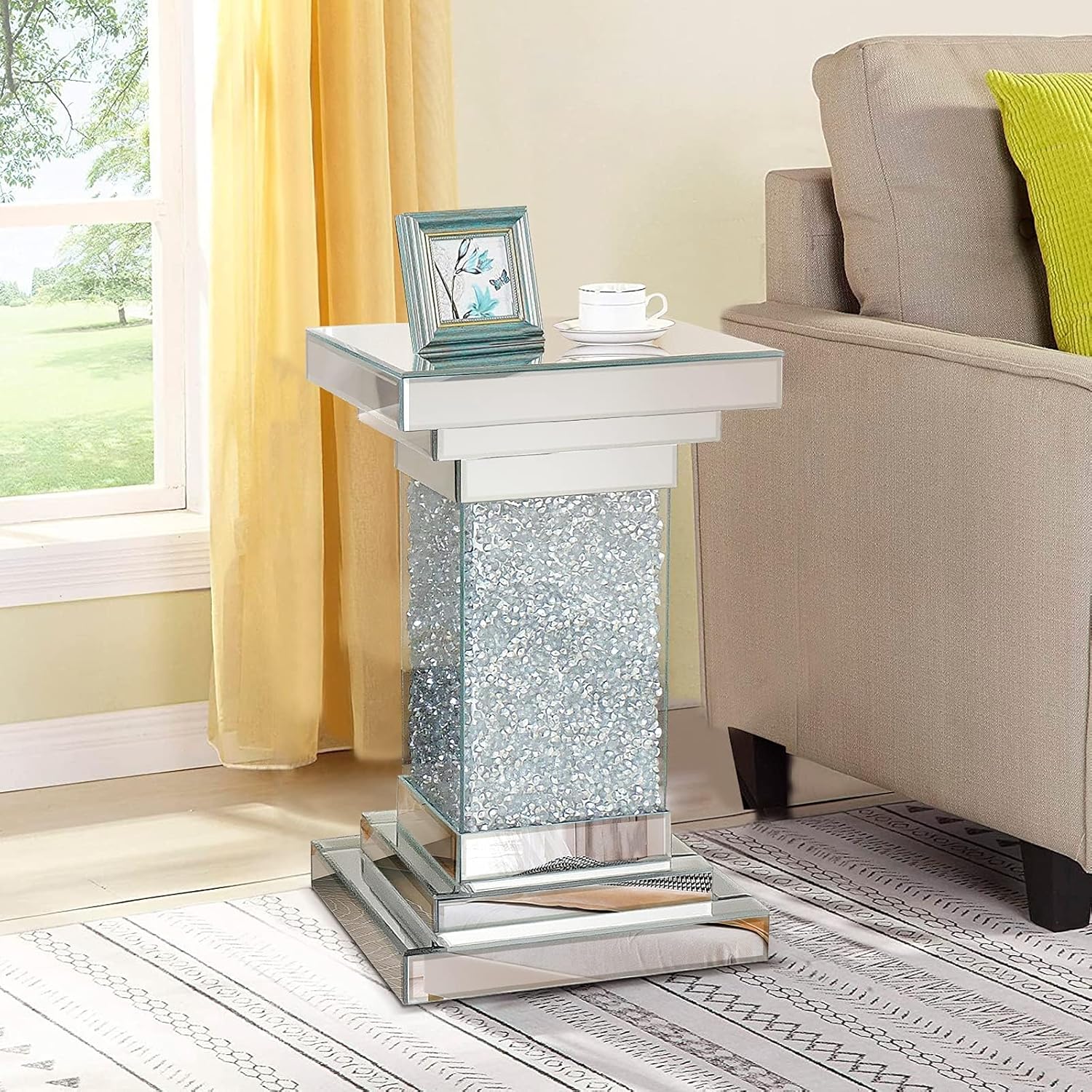 Pregaspor Silver Mirrored End Table, Square Side Table With Crystal Inlay, Modern Gorgeous Coffee Table for Living Room Bedroom