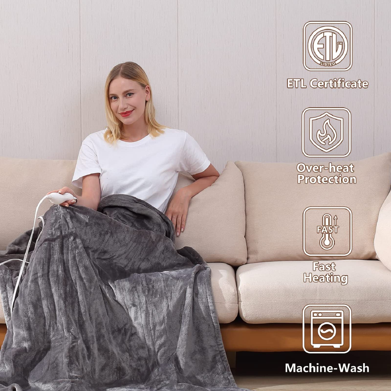 Manta Elétrica Tefici, Super Aconchegante e Macia, Flanela de 2 Camadas 50" x 60", Manta Aquecida com 3 Níveis de Aquecimento e Desligamento Automático em 4 Horas, Lavável na Máquina, Certificada ETL e FCC, Uso Residencial e Escritório, Cor Camelo