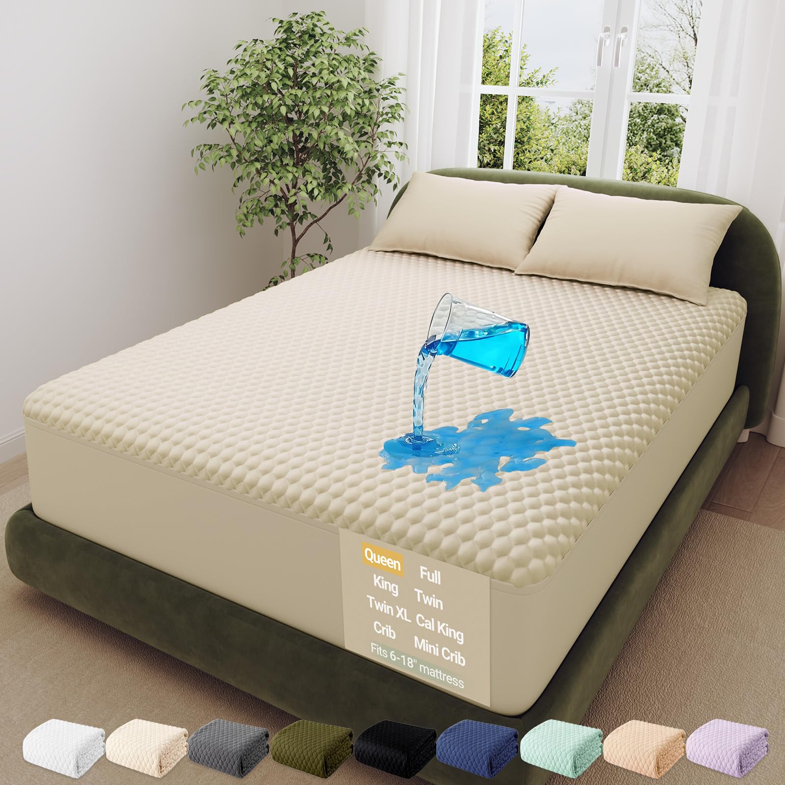 OhGeni 100% Waterproof Queen Size Mattress Protector,Soft Mattress Pad, Cooling Breathable Fitted Sheets,Washable Bed Cover,Non-Slip Deep Pocket,Noiseless for Bedroom