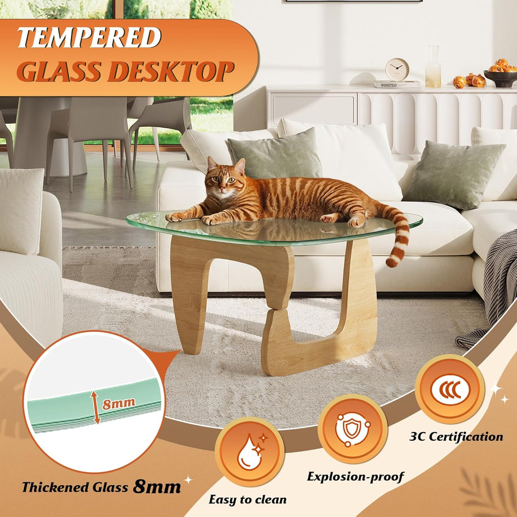 WLIVE Coffee Table, Small Glass Coffee Table with Solid Wood Legs, 32.7" Mid Century Triangle Living Room Tables, Modern Center Table for Small Spaces Living Room, Reception, Office, Natural