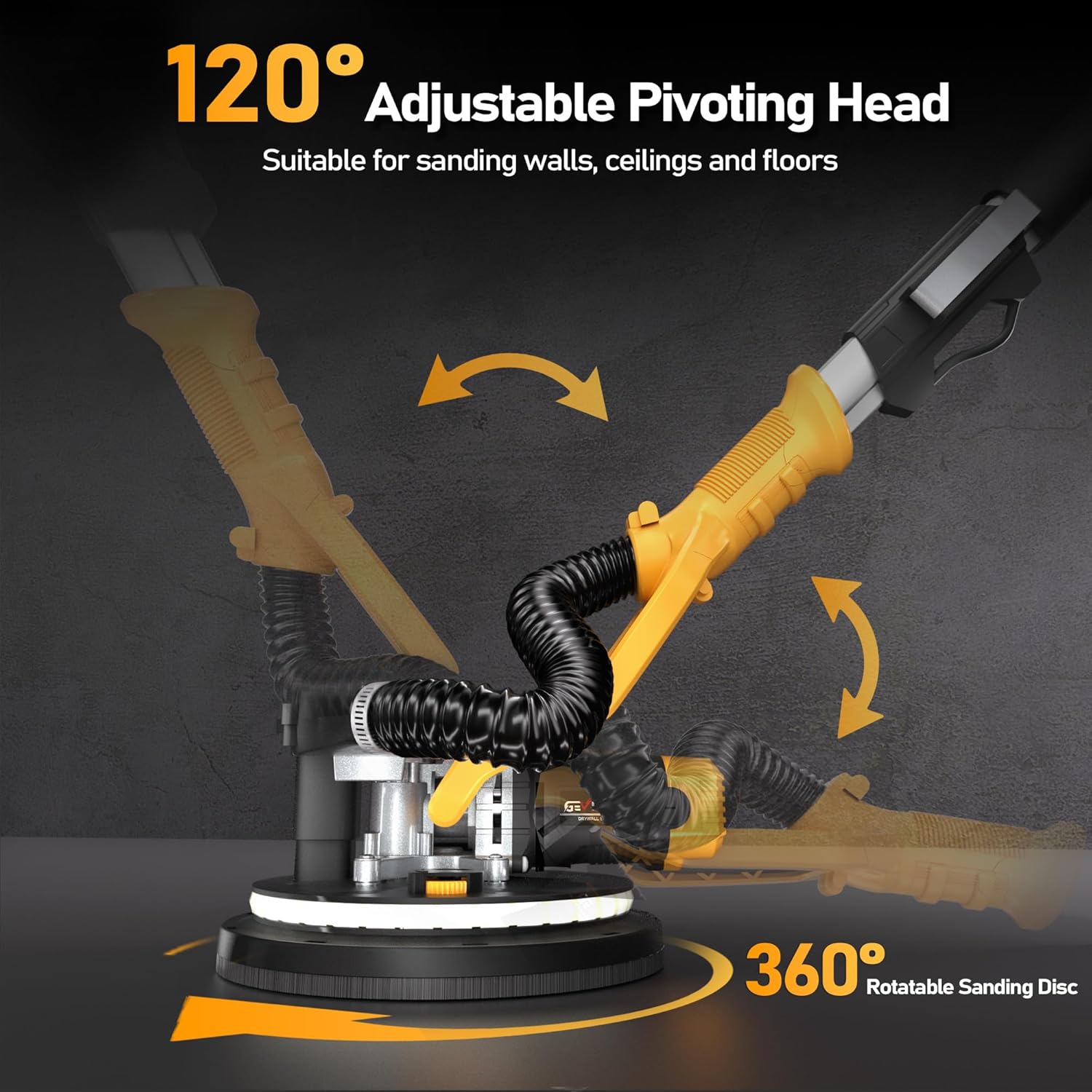 GEVEELIFE Drywall Sander, 880W 7.33A Electric Drywall Sander with Vacuum Dust Collector, 5 Variable Speed 1000-2100RPM, LED Light, Foldable & Extendable Handle, 12 Sanding Discs