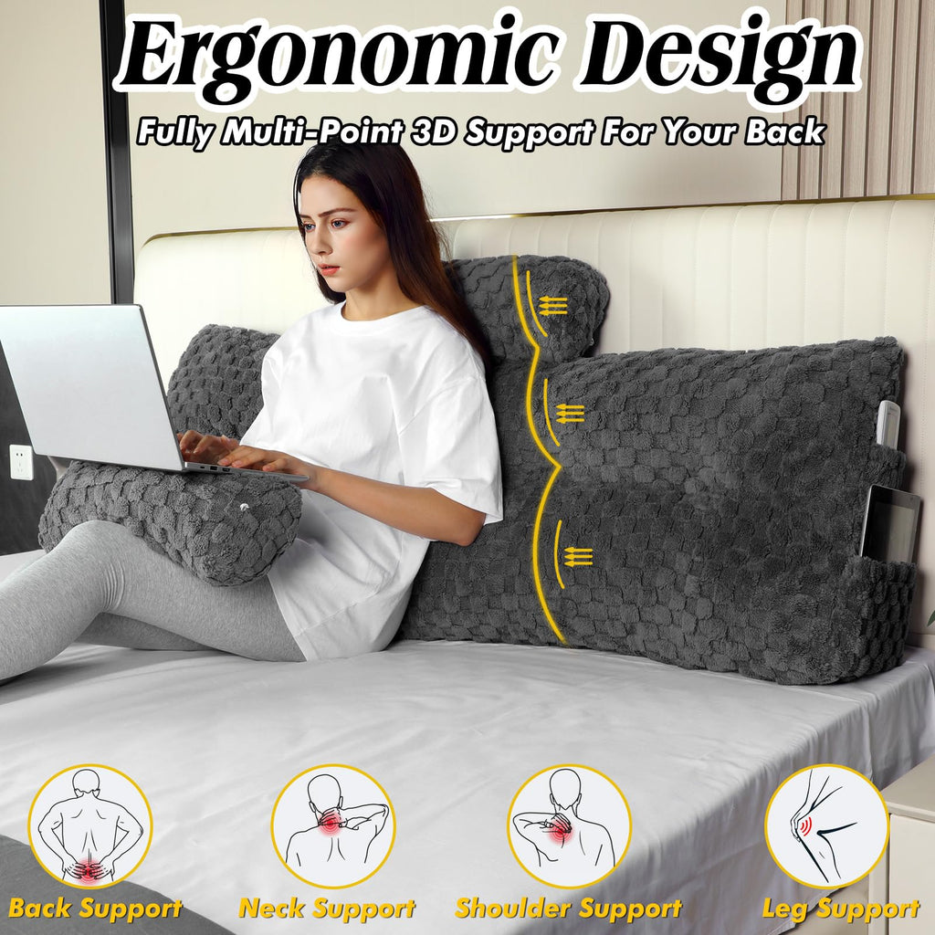 Groot hoofdeinde kussen met 2 stuks nekkussen rol kussen wig kussen bed rust lees kussen bolster driehoekig kussen voor zitten in bed-rugleuning positioneringssteun (Queen:59x8x20 inches, Donkergrijs)