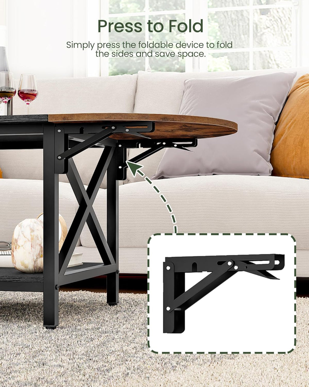 47.2" Folding Coffee Table, 2-Tier Extendable Coffee Table, Vintage Center Table with 2 Drop Leaves, with Storage Shelf, for Living Room, Bedroom, Balcony, Rustic Brown and Black TKF02BF