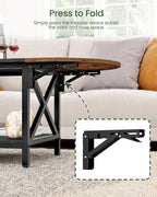47.2" Folding Coffee Table, 2-Tier Extendable Coffee Table, Vintage Center Table with 2 Drop Leaves, with Storage Shelf, for Living Room, Bedroom, Balcony, Rustic Brown and Black TKF02BF