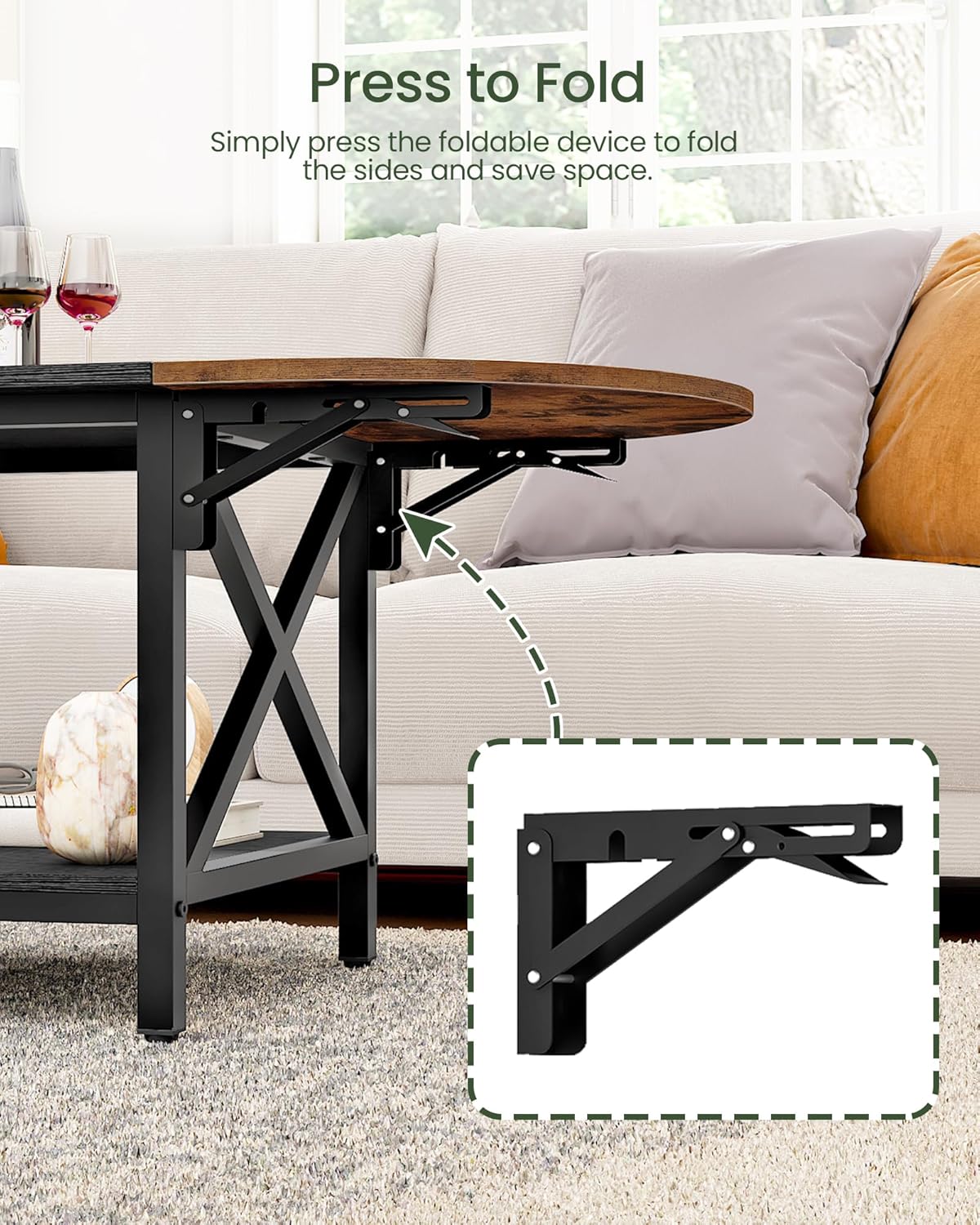 47.2" Folding Coffee Table, 2-Tier Extendable Coffee Table, Vintage Center Table with 2 Drop Leaves, with Storage Shelf, for Living Room, Bedroom, Balcony, Rustic Brown and Black TKF02BF