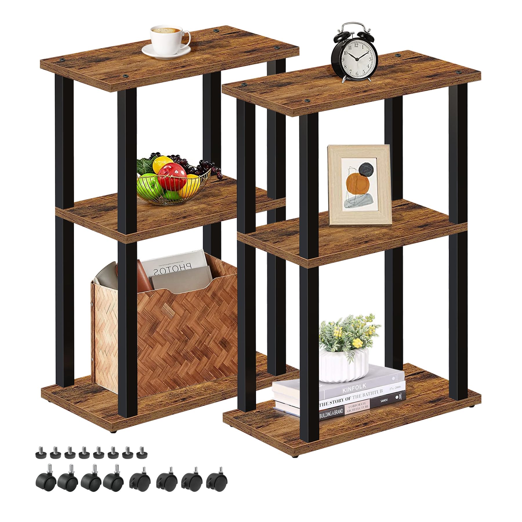 TUTOTAK Small Narrow Side Table with Charging Station, Skinny End Table for Small Spaces, Slim Nightstand with USB Ports and Outlet, Sofa Beside Table with Wheels, Brown TB01BB046