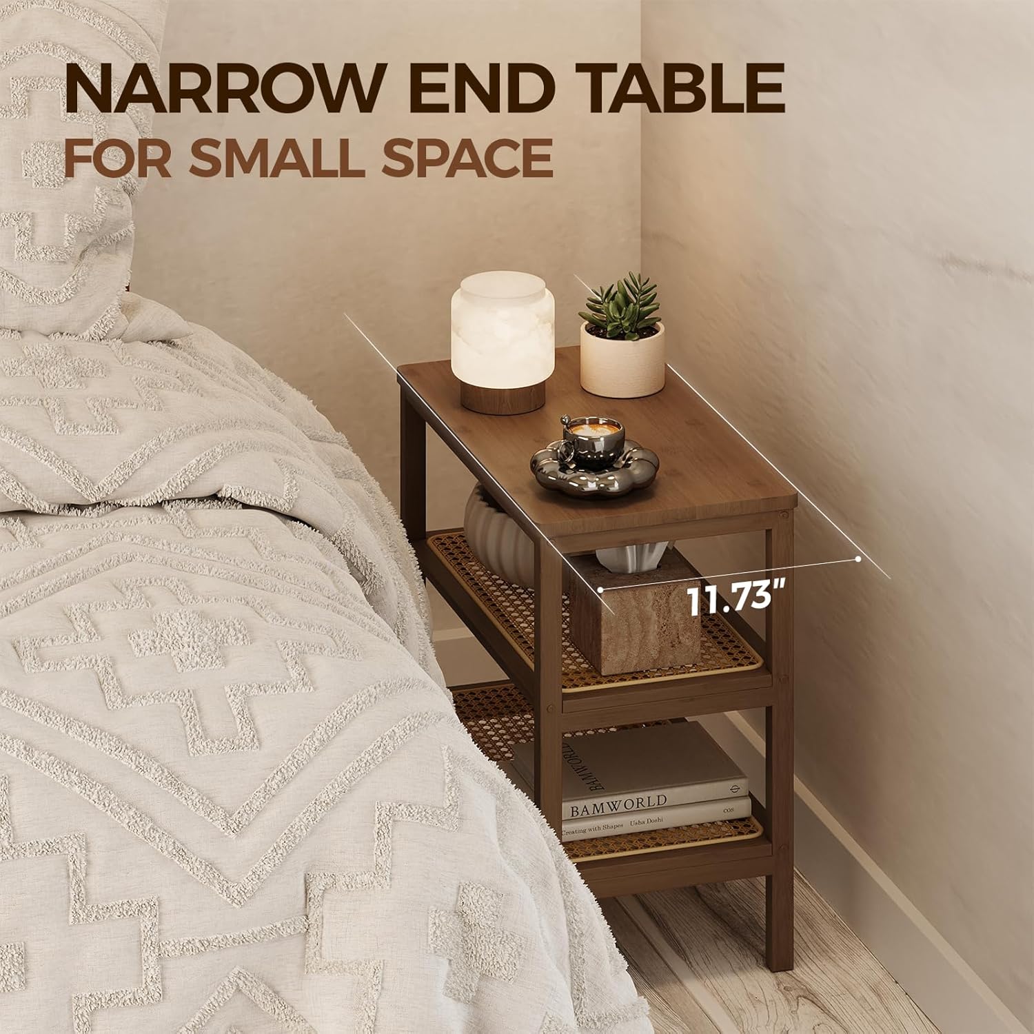 Rattan Side Table Mid Century Modern End Table 3-Tier with Storage Narrow Coffee Table Boho Night Stand Bamboo