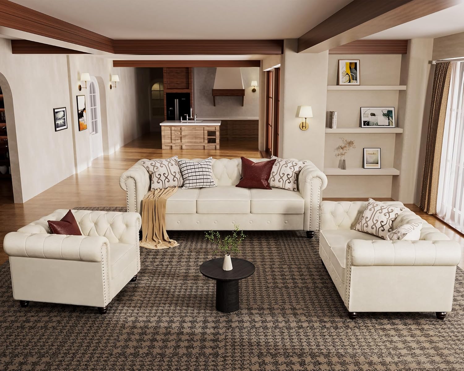 Morden Fort Classic Chesterfield Sofa Set 82'', Tufted Sofa Couch Set with Solid Wood Legs Thick Cushion, Pet-Friendly 3-Seater Sofas Couches for Living Room Bedroom Apartment - Velvet Beige