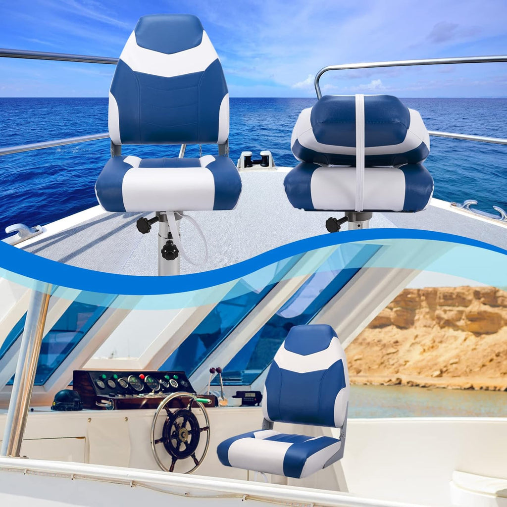 Dreizack Boat Seats 2 Packs, Folding High Back Fishing Waterproof Universal Pontoon Boat Seat Bass Tracker Boat Chairs with Stainless Steel Screws, Aluminum Hinges and Thickened Cushion
