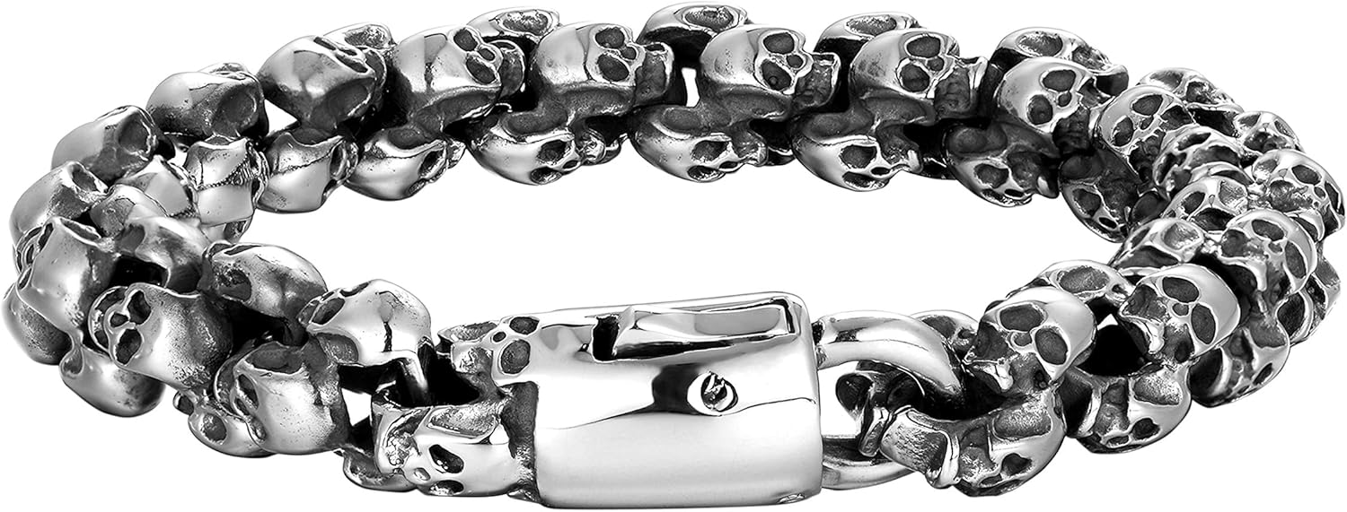 Bold Men’s Biker Bracelet – Double Link Chains Embellished with Rows of Death’s Skull in a Polished Silver Finish – Made of Rust & Discoloration Resistant Stainless Steel – Jewelry Gift for Men