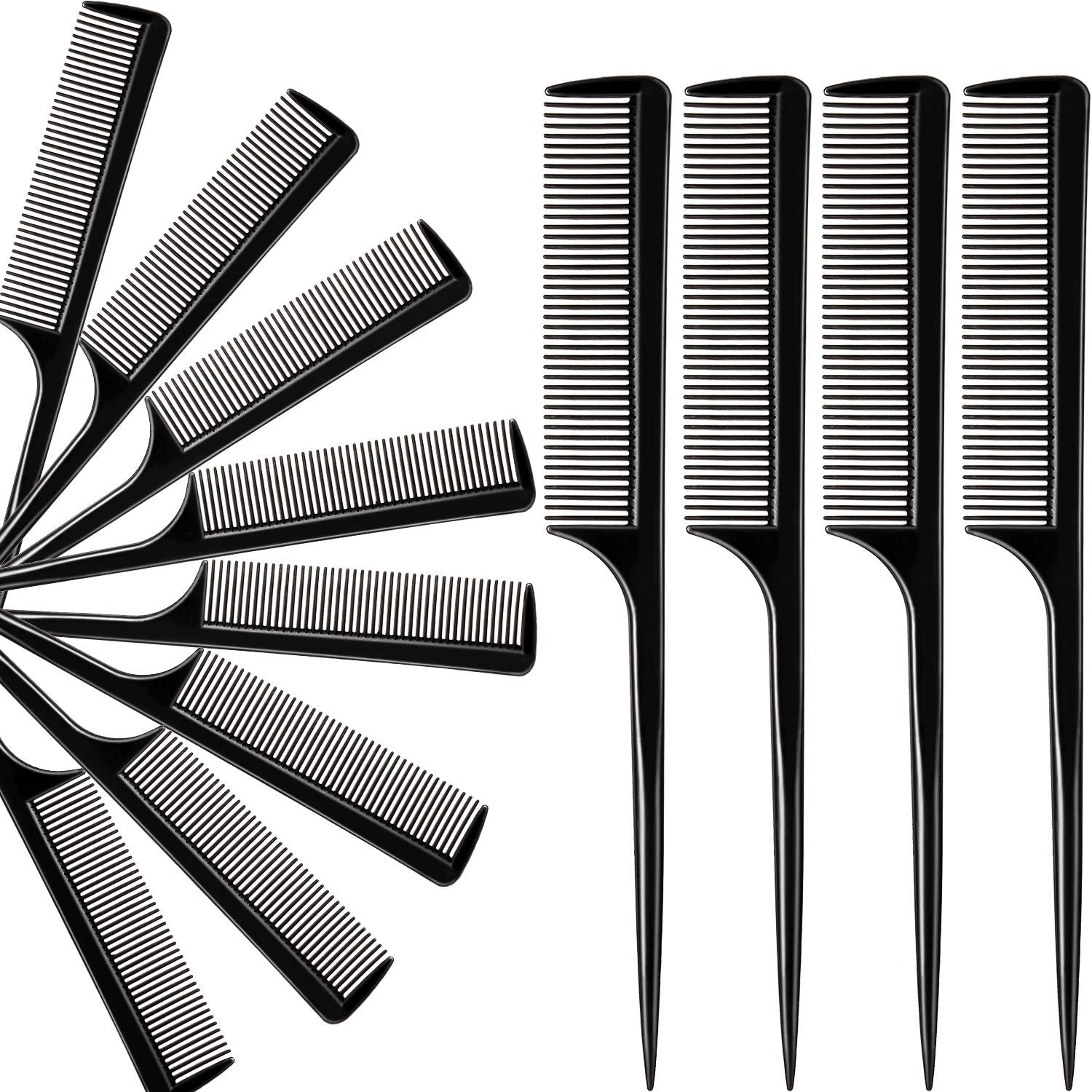 Boao 12 Pack Rat Tail Comb Styling Plastic Anti Static Heat Resistant Tail Comb for All Hair Types Fine Tooth for Men and Women(Black)