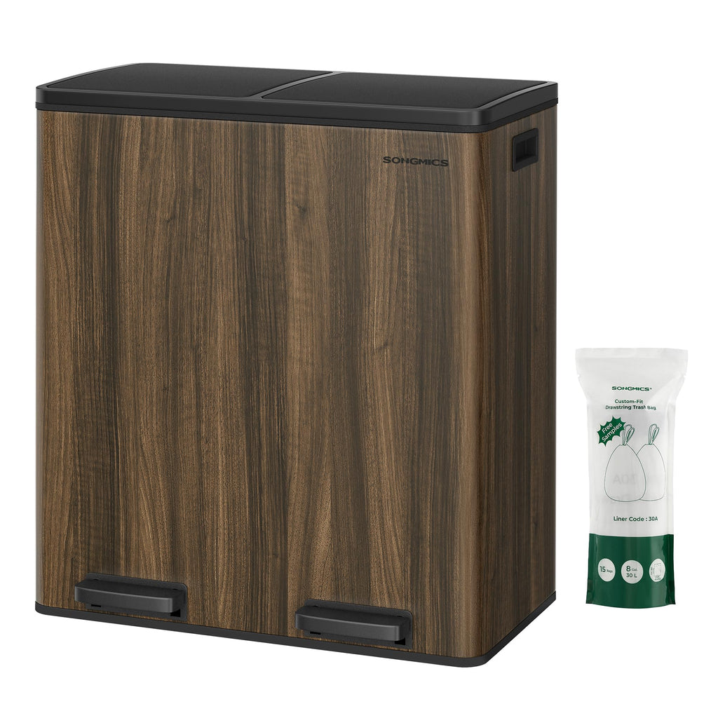 SONGMICS Trash Can, 2 x 8 Gallon (2 x 30 L) Garbage Can for Kitchen, with 15 Trash Bags, 2 Compartments, Plastic Inner Buckets and Hinged Lids, Airtight, Silver and Black ULTB60NL