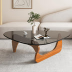 Coffee Tables for Living Room - Triangle Glass Coffee Table with Wooden Base Mid-Century Modern Abstract End Table for Study Room Office Hotel Balcony (Walnut Transparent, Small 32.2 * 22.4 * 16in)