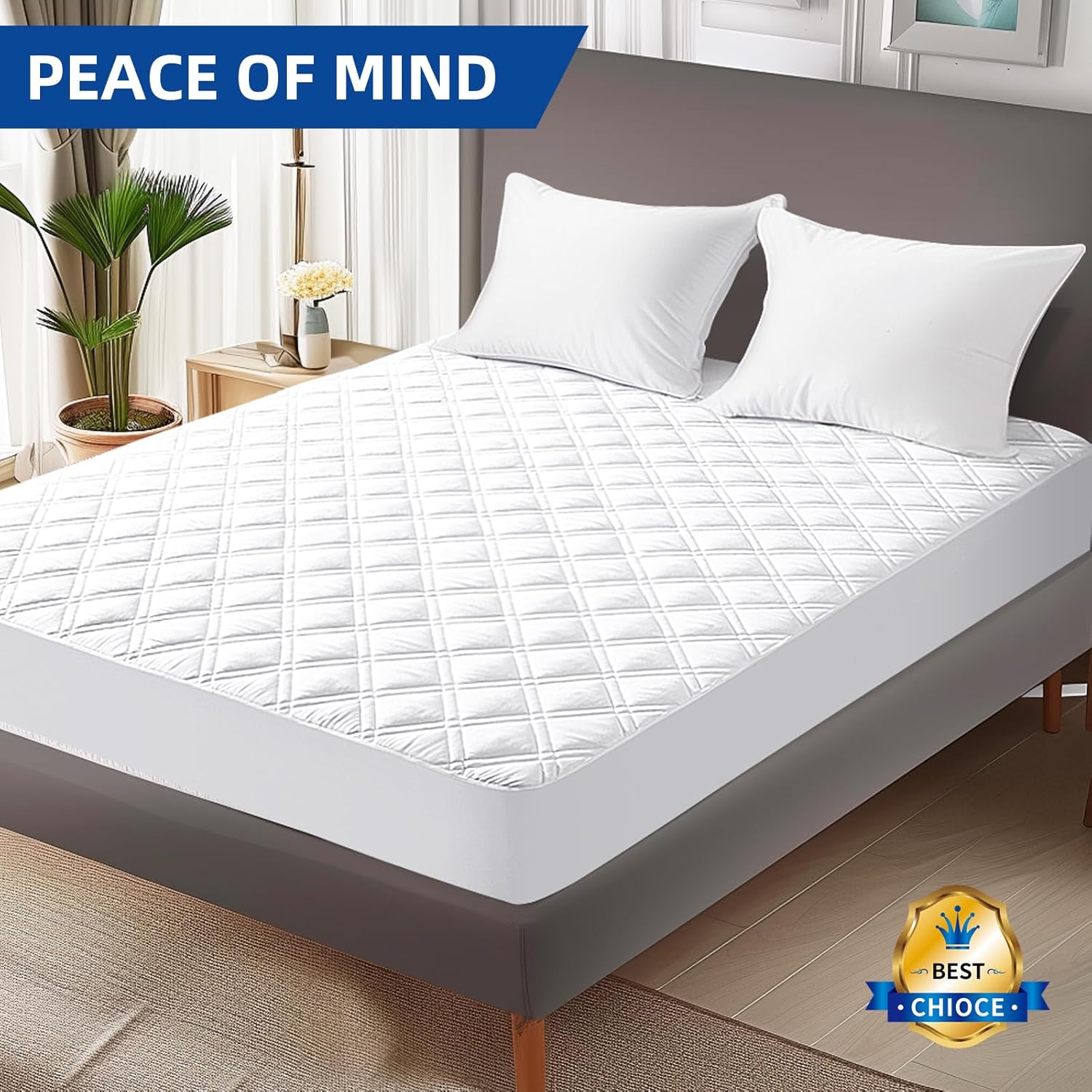 MEELUS Padded Queen Mattress Protector, Breathable Waterproof Mattress Pad Cover Fitted Deep Pocket 8"-21", Soft Noiseless Mattress Cover Washable Cooling for Home Hotel Bedroom, White