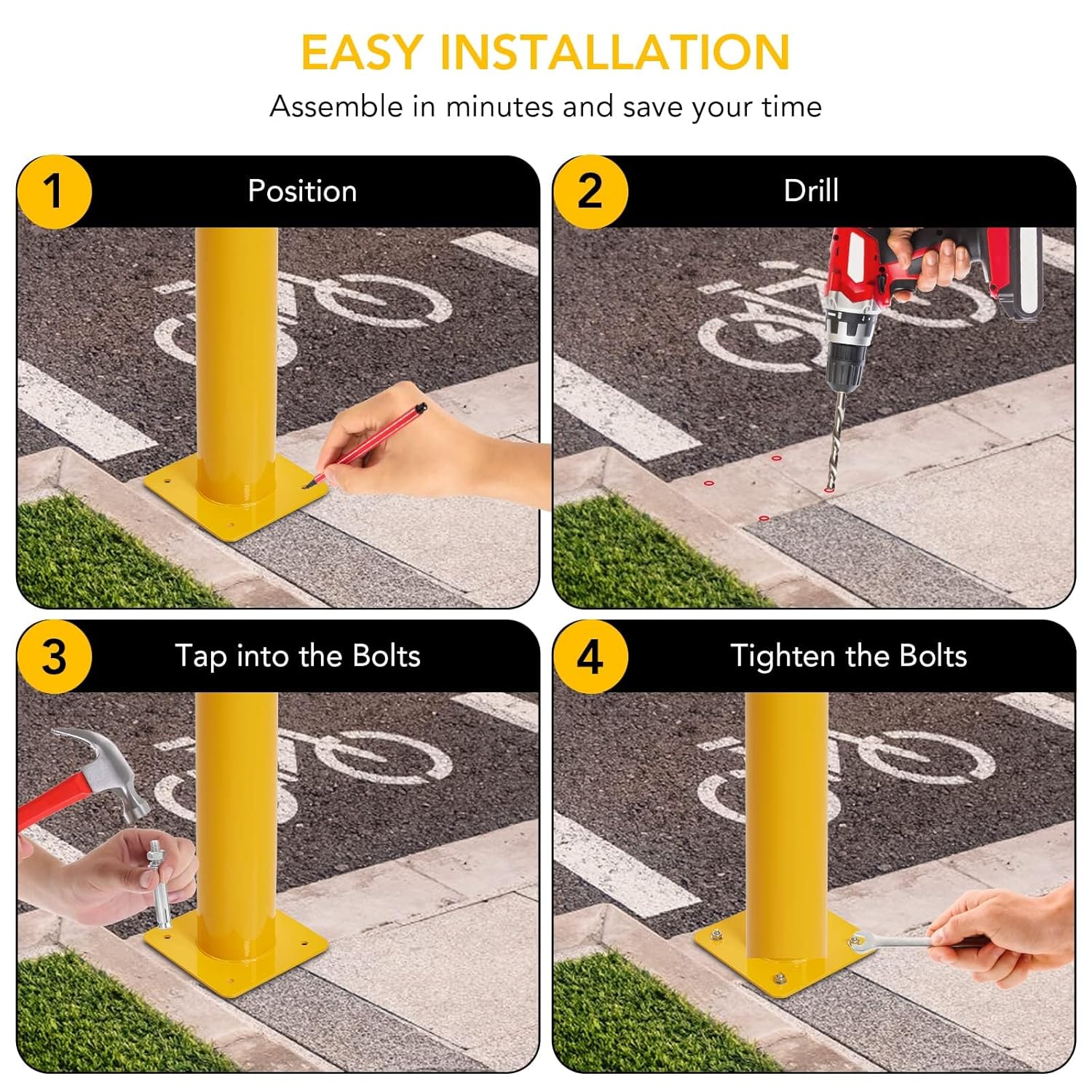 Safety Bollard 4 Packs, 42 Inch Height Steel Bollard Post for Parking Lot, 4.5 Inch Diameter Pipe, Yellow Safety Bollard Post with 16 Anchor Bolts, Ideal for Traffic-Sensitive Areas, Driveway Barrier