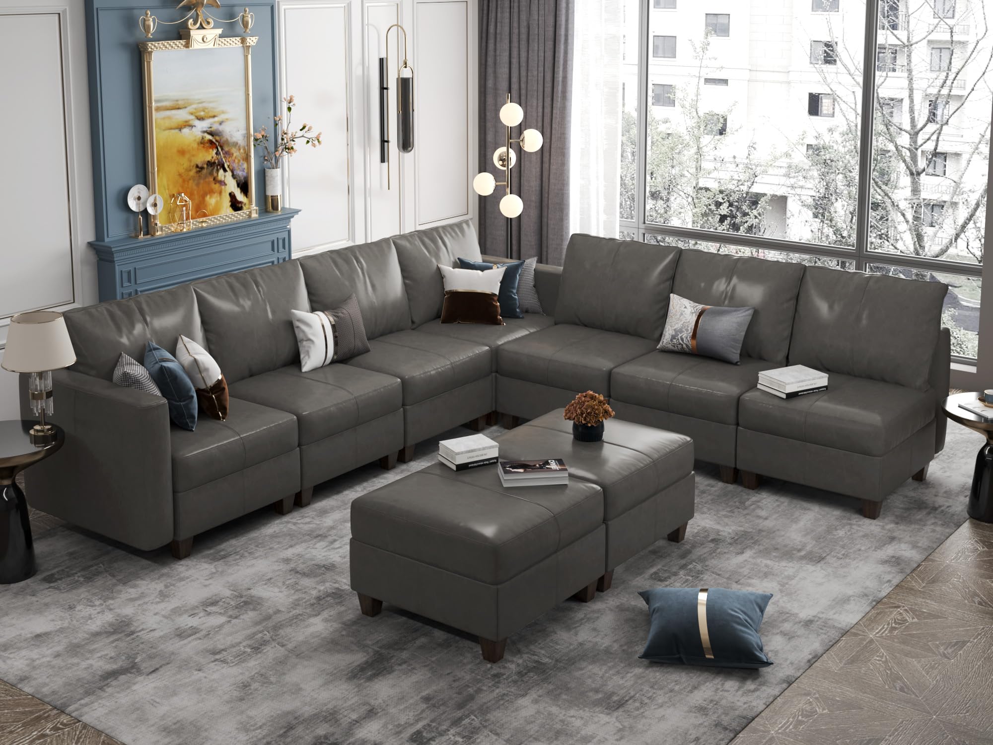 EASE MOOSE Brown Modular Sectional Couch with Storage, Faux Leather Sectional Modular Sofa or Living Room