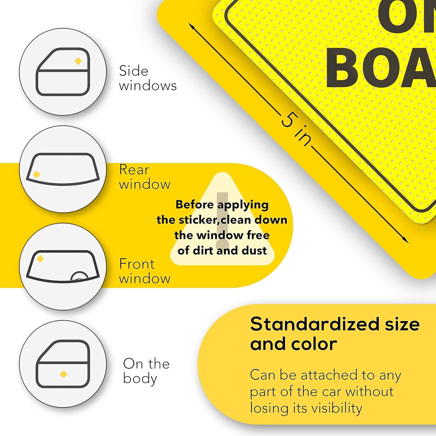 Baby On Board Signs, Car Essentials - Baby On Board Sticker - 2 Pack, 5" by 5" - Bright Yellow and See-Through When Reversing - Best Safety Signs - Non Magnet - Durable Strong Adhesive