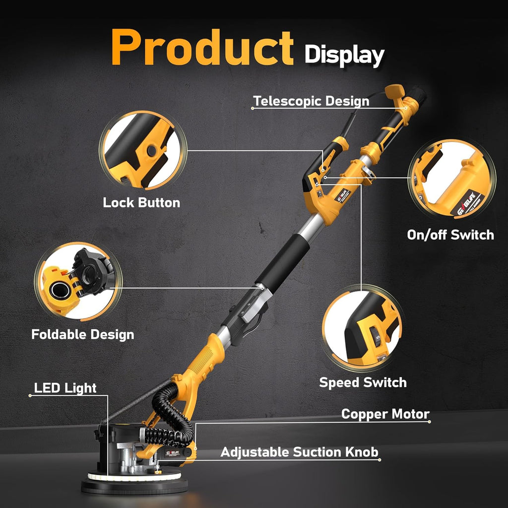 GEVEELIFE Drywall Sander, 880W 7.33A Electric Drywall Sander with Vacuum Dust Collector, 5 Variable Speed 1000-2100RPM, LED Light, Foldable & Extendable Handle, 12 Sanding Discs