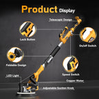 GEVEELIFE Drywall Sander, 880W 7.33A Electric Drywall Sander with Vacuum Dust Collector, 5 Variable Speed 1000-2100RPM, LED Light, Foldable & Extendable Handle, 12 Sanding Discs