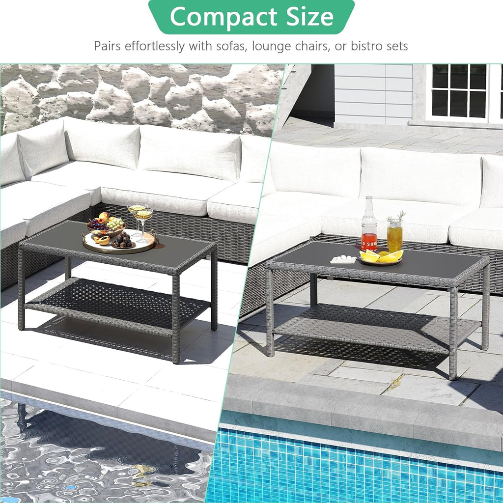 Helios&Hestia Rectangle All Weather Rattan Wicker Outdoor Coffee Side End Table with Glass Top for Patio, Deck, Backyard, Garden, Grey