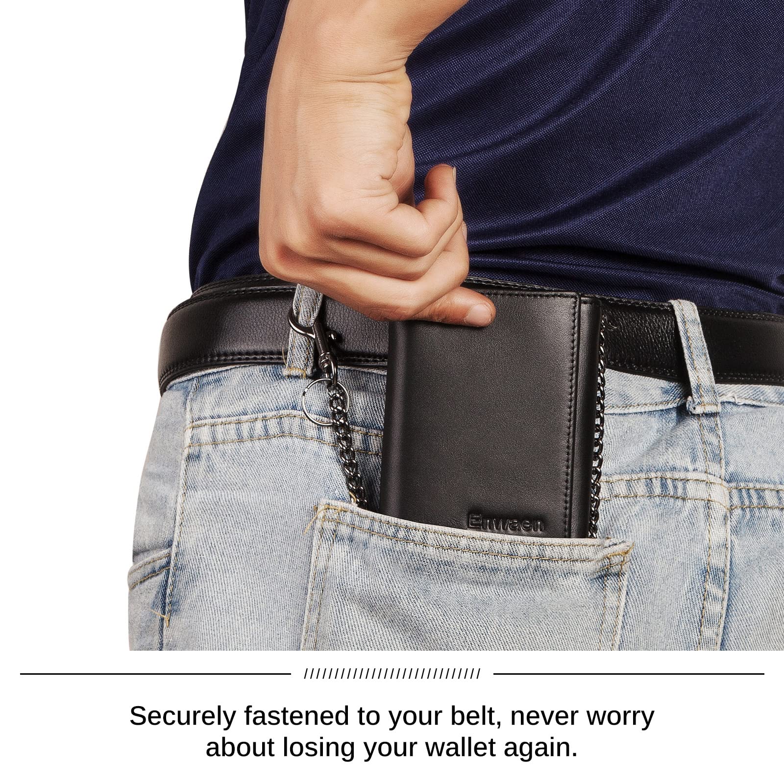 Portefeuille pour homme Enwaen avec chaîne, portefeuille trifold en cuir véritable, blocage RFID, chaîne anti-vol pour motard, moto (noir)