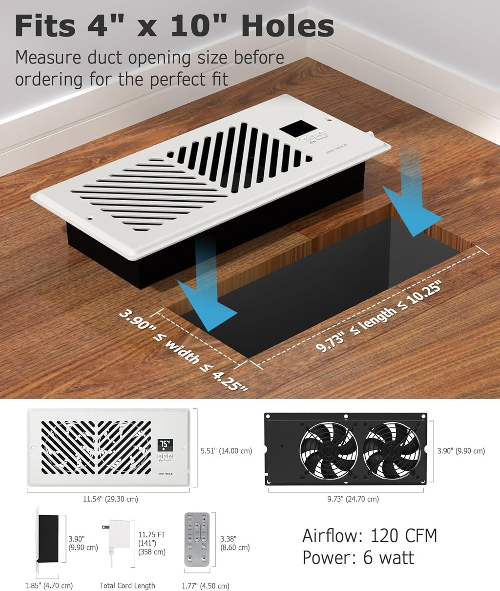 Quiet Register Booster Fan Fits 4”x10” Register Holes, Smart Vent Booster Fan with Thermostat & Remote Control, 10-Speed Control Heating Cooling AC Vent (White)