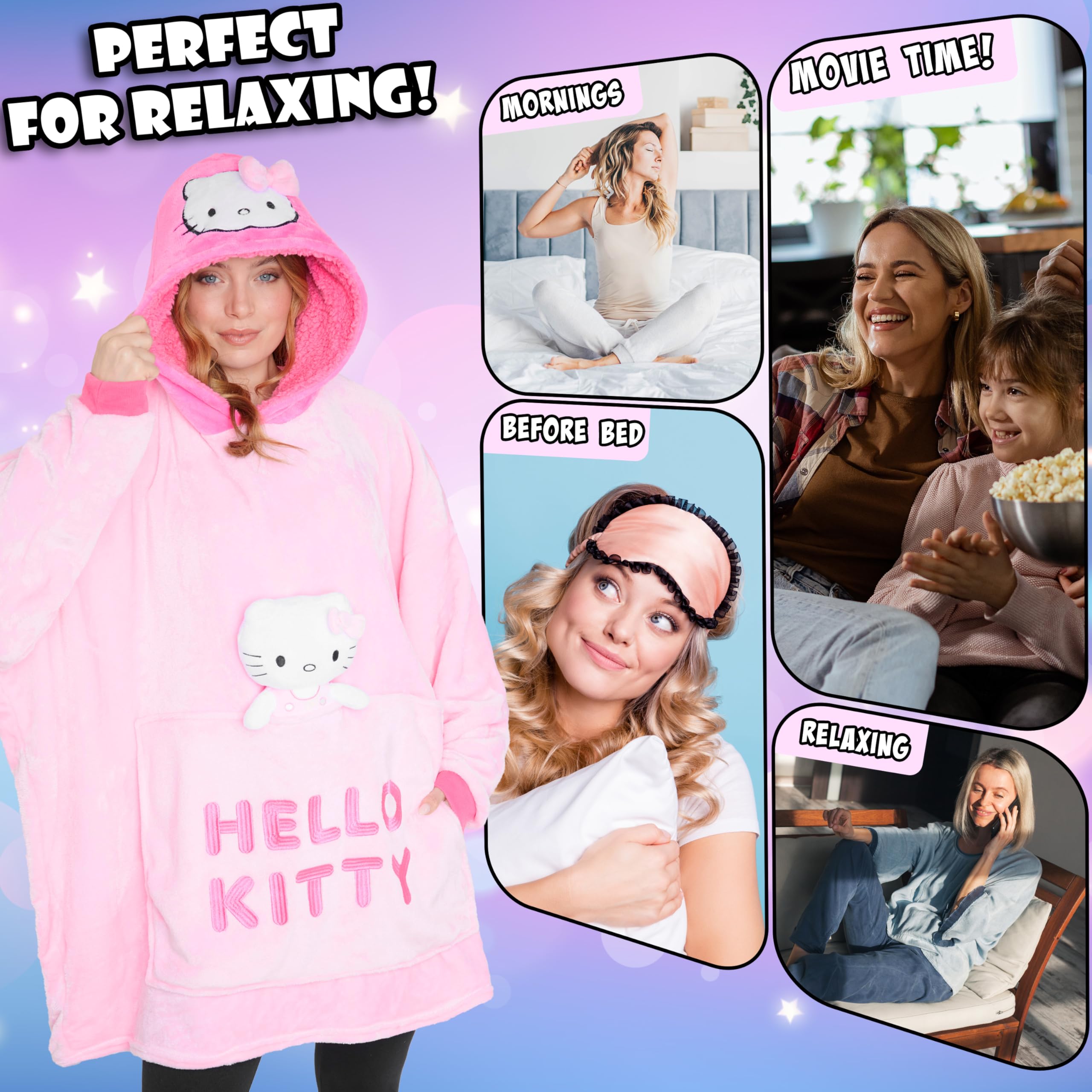 Hello Kitty Women Blanket Hoodie with Attached Plush Loungewear - Gifts for Her