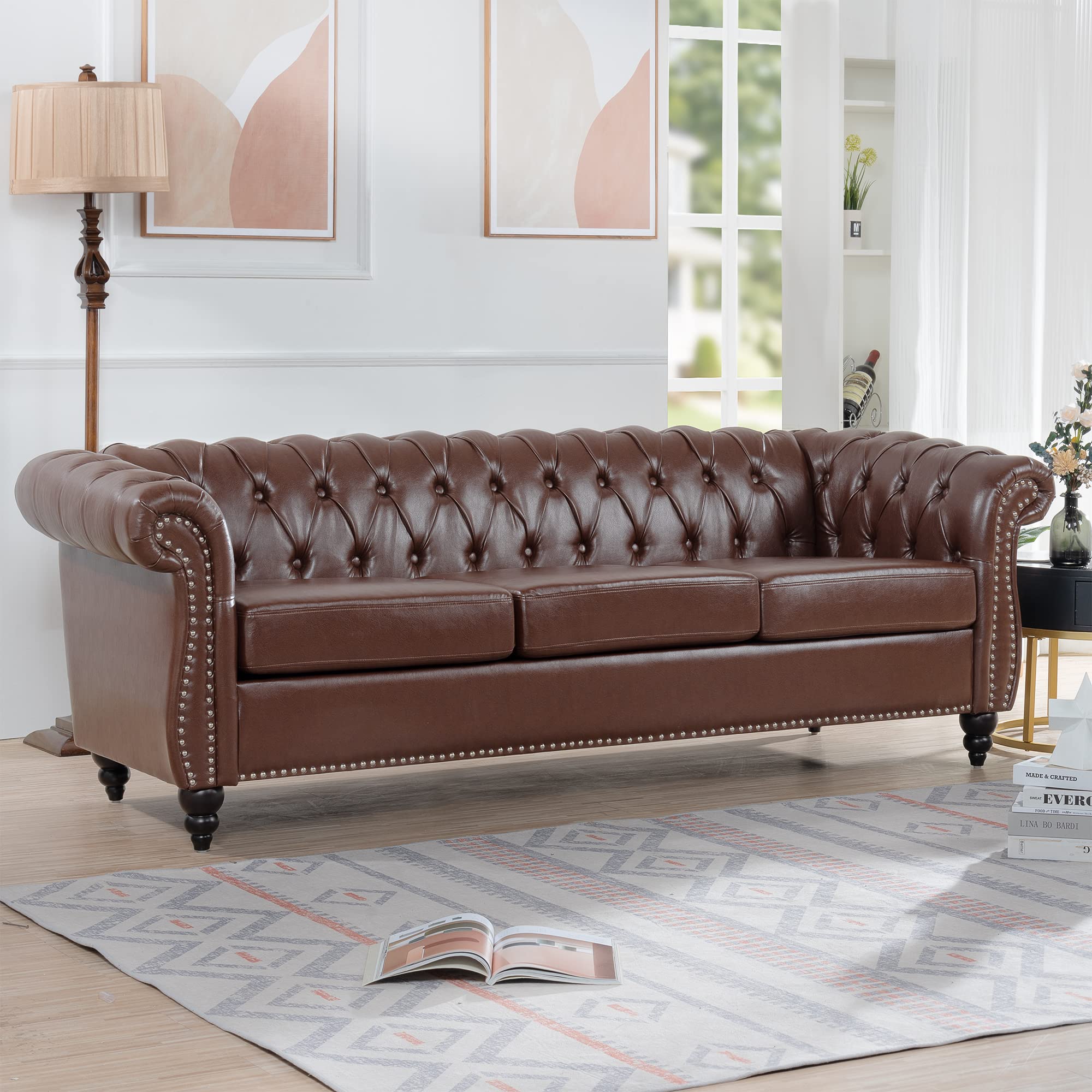 Chesterfield PU Leather Sofa, Upholstered PU Sofa with Tufted Back, Classic 3 Seater Leather Couch Rolled Arm for Living Room Office, Black