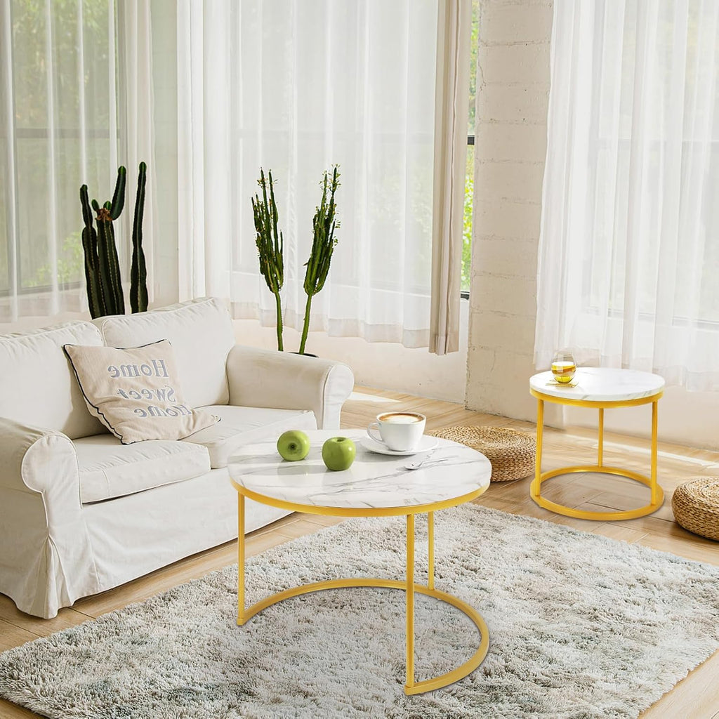 Round Nesting Coffee Tables Set: White Gold Marble Nesting Coffee Table Set of 2 - Modern Metal Stacking Side Table for Living Room Small Spaces