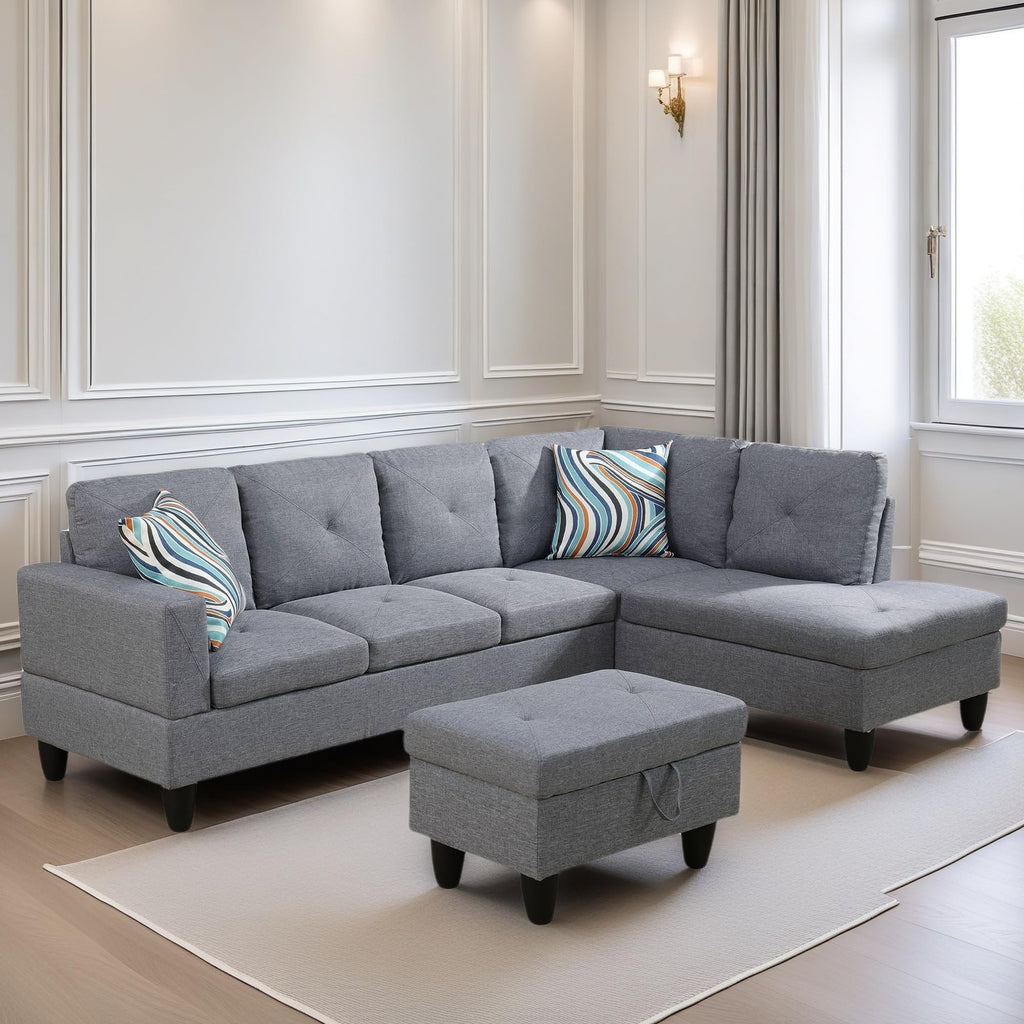 Leather Sectional Couch, Modern L Shaped Couches for Living Room, Comfy 4 Seat Modular Sectional Sofa with Ottoman Storage for Bedroom Apartment, Black