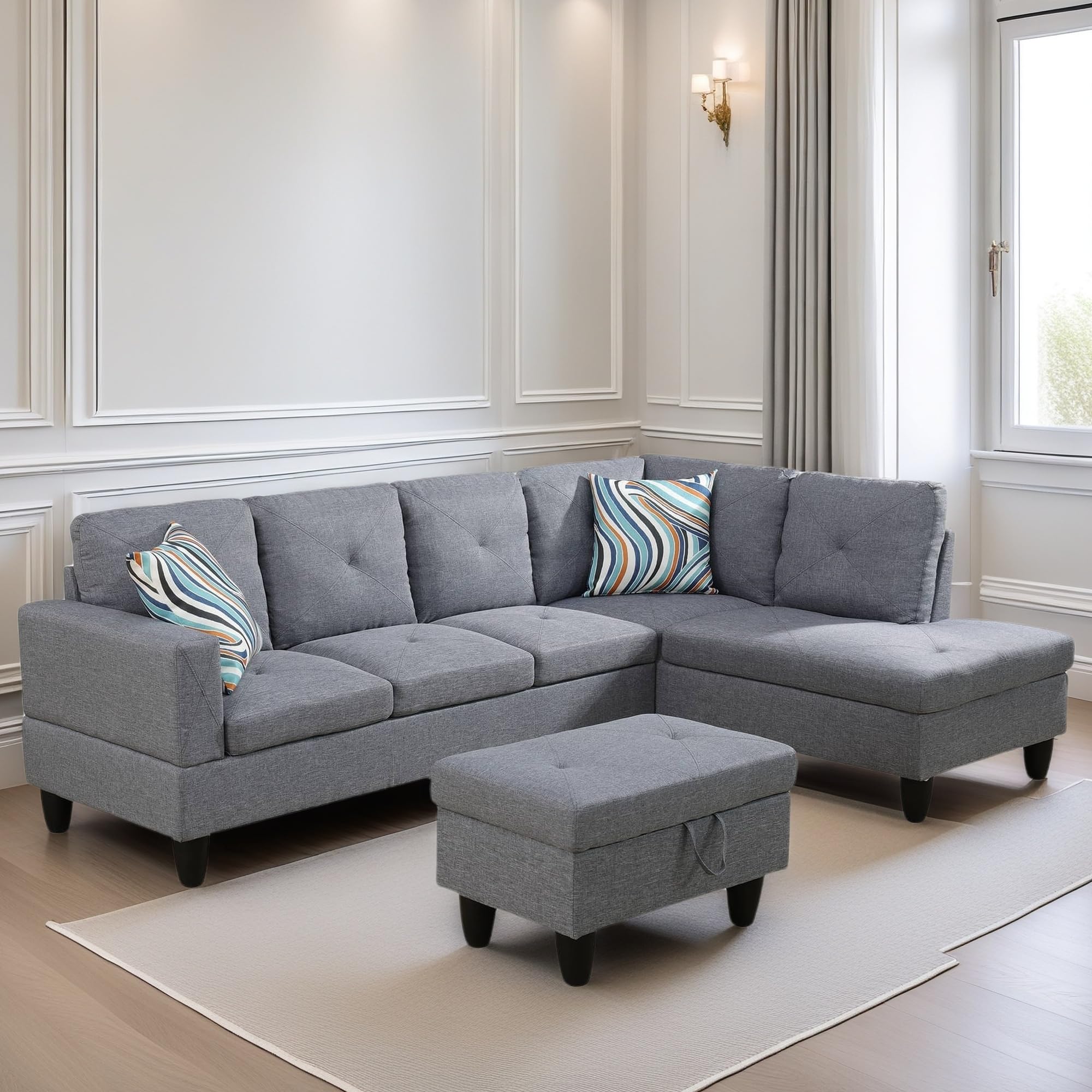 Leather Sectional Couch, Modern L Shaped Couches for Living Room, Comfy 4 Seat Modular Sectional Sofa with Ottoman Storage for Bedroom Apartment, Black